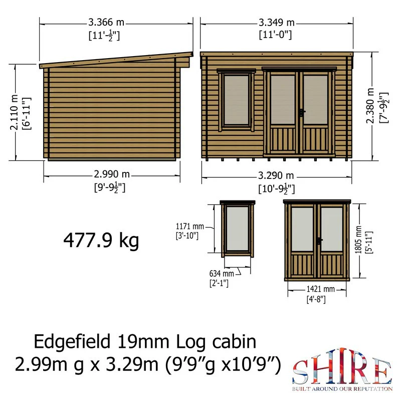 Shire Edgefield 10' 9" x 9' 9" Pent Log Cabin - Premium 19mm Cladding Log Clad - Image 8