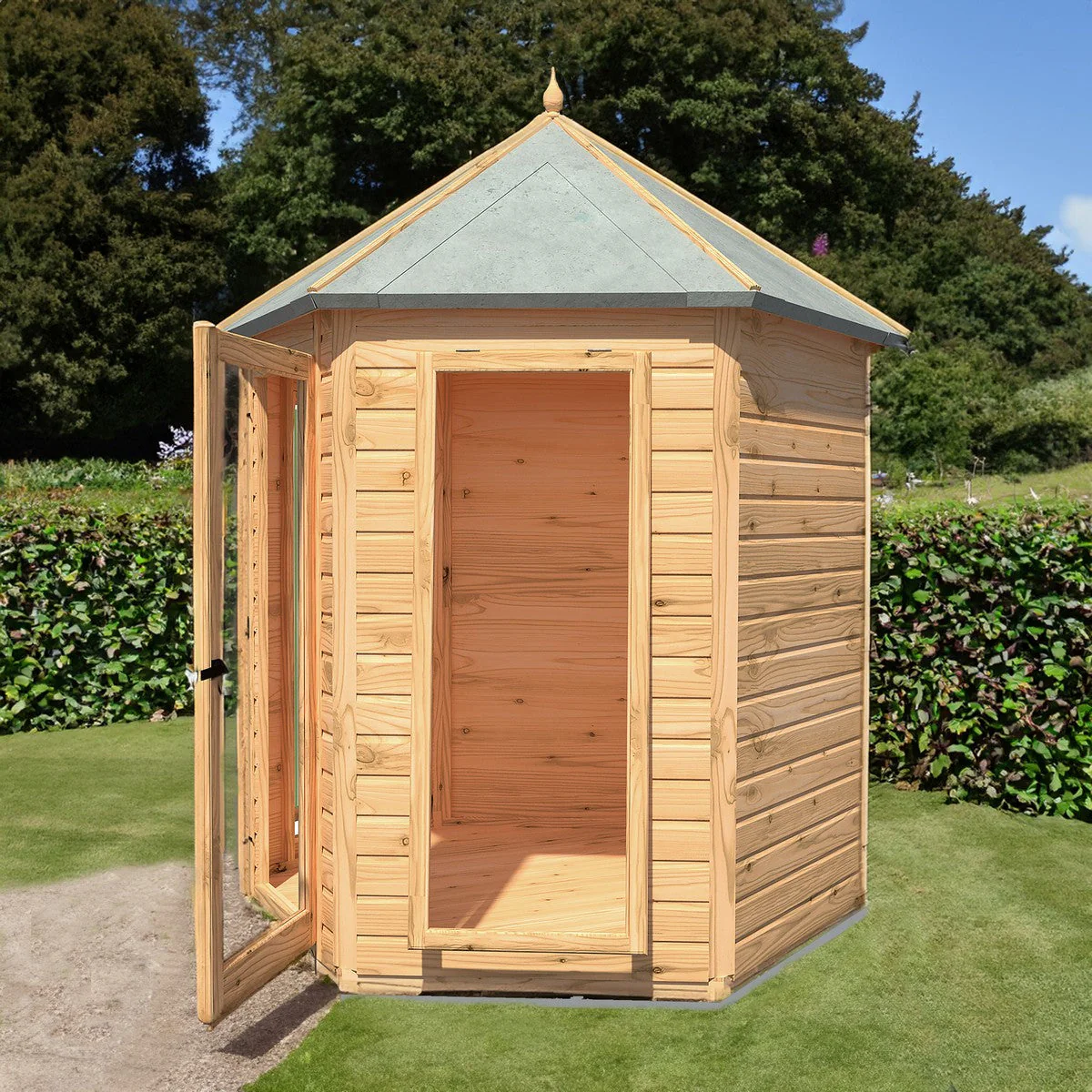 Shire Kendall 5' 10" x 7' Hexagonal Hip Summerhouse - Premium Dip Treated Tongue & Groove - Image 3