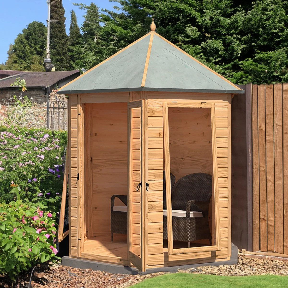 Shire Kendall 5' 10" x 7' Hexagonal Hip Summerhouse - Premium Dip Treated Tongue & Groove - Image 4