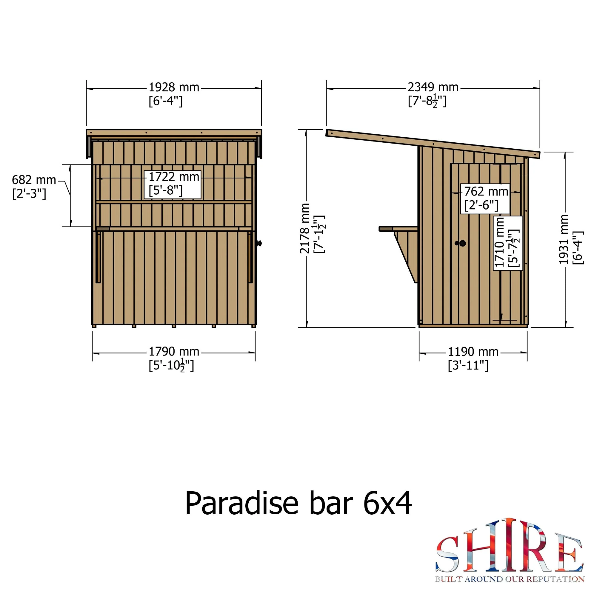 Paradise 3' 8" x 5' 10" Pent Garden Bar - Premium Dip Treated Shiplap - Image 4