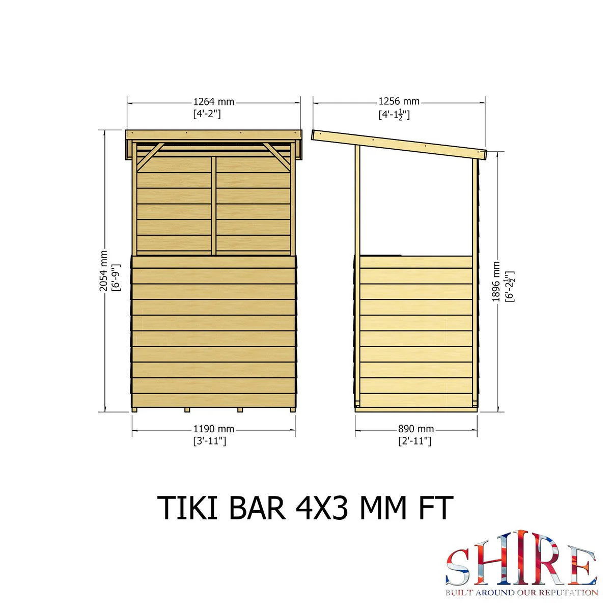 Shire Tiki 2' 11" x 3' 10" Pent Garden Bar - Premium 34mm Cladding Overlap - Image 4