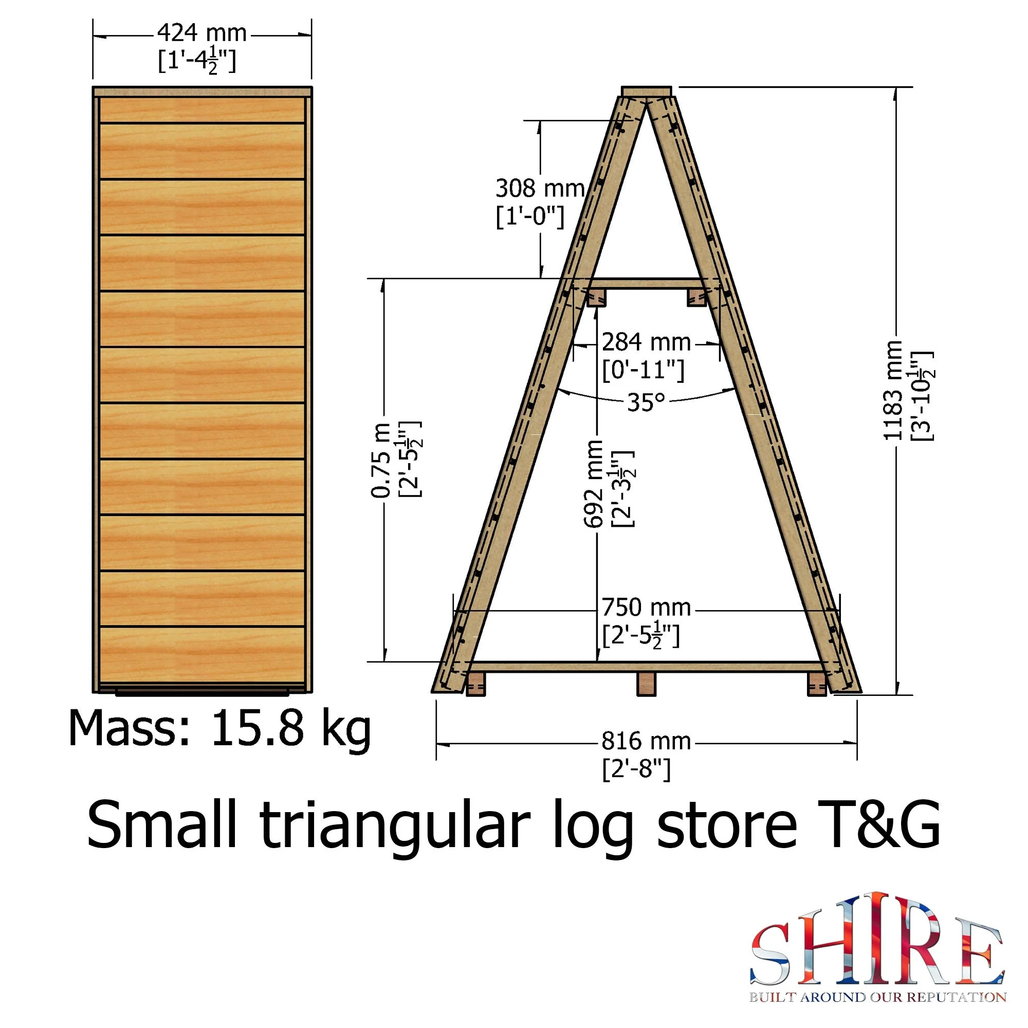 Triangular 1' 3" x 2' 8" Apex Log Store - Premium Pressure Treated Shiplap - Image 4