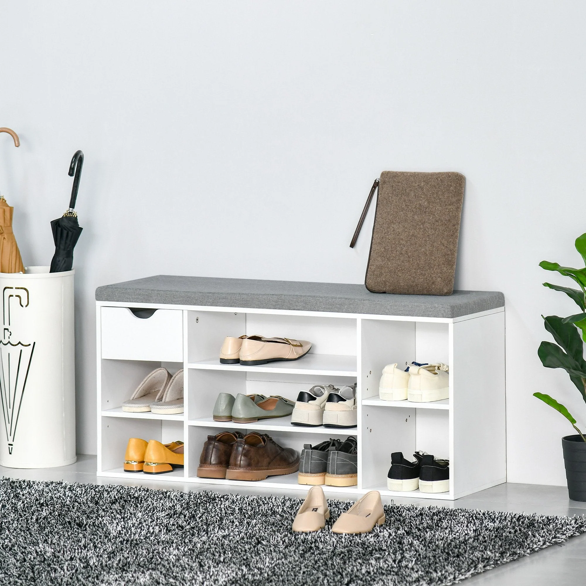 Shoe Storage Bench w/ Cushion 7 Compartments Adjustable Shelves White and Grey - Image 2