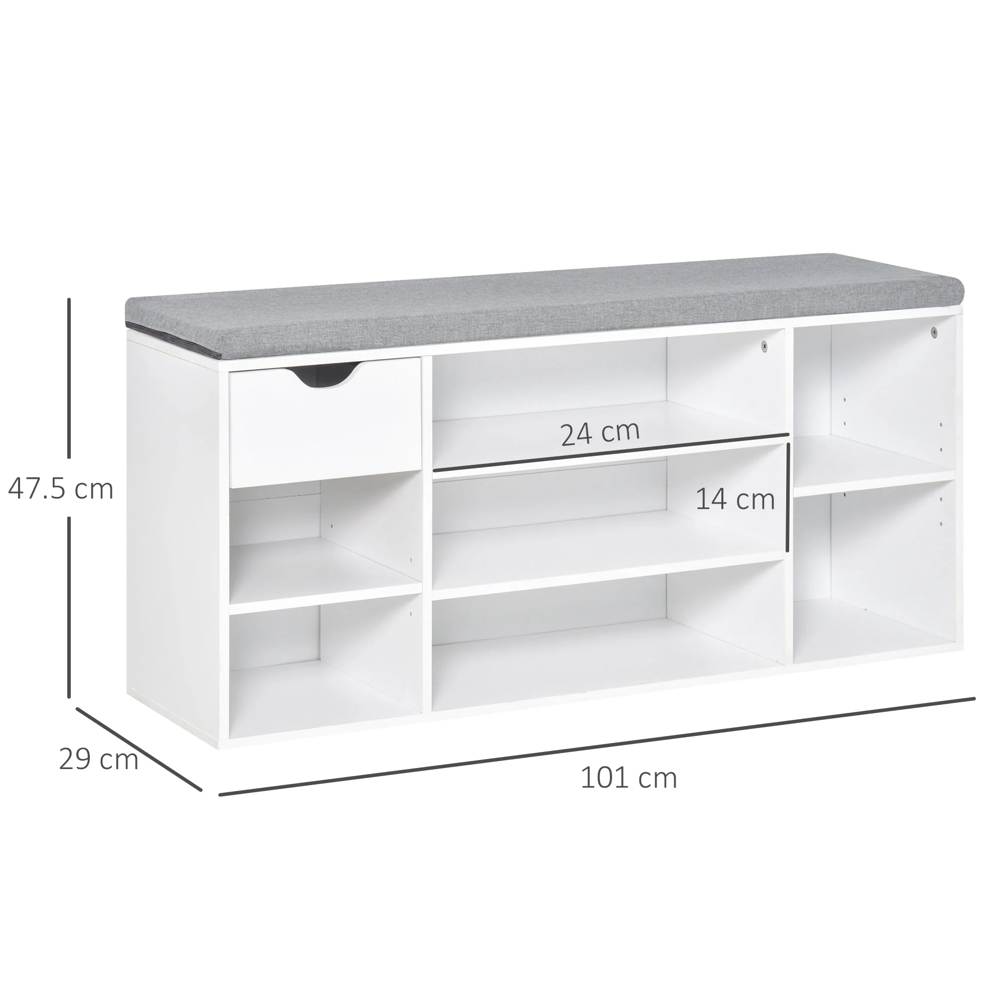Shoe Storage Bench w/ Cushion 7 Compartments Adjustable Shelves White and Grey - Image 3