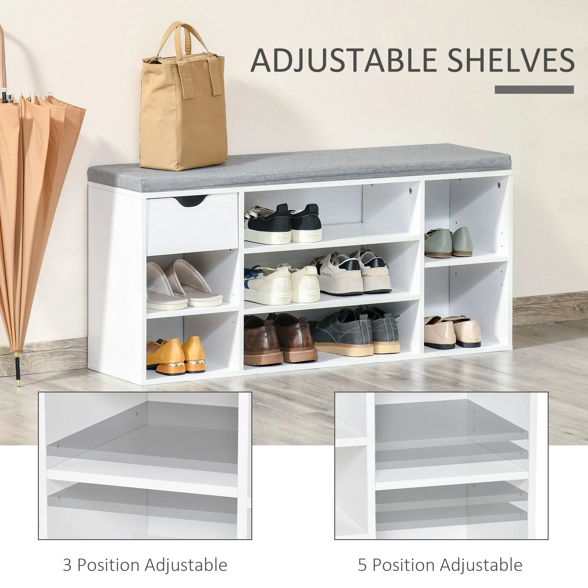 Shoe Storage Bench w/ Cushion 7 Compartments Adjustable Shelves White and Grey - Image 5