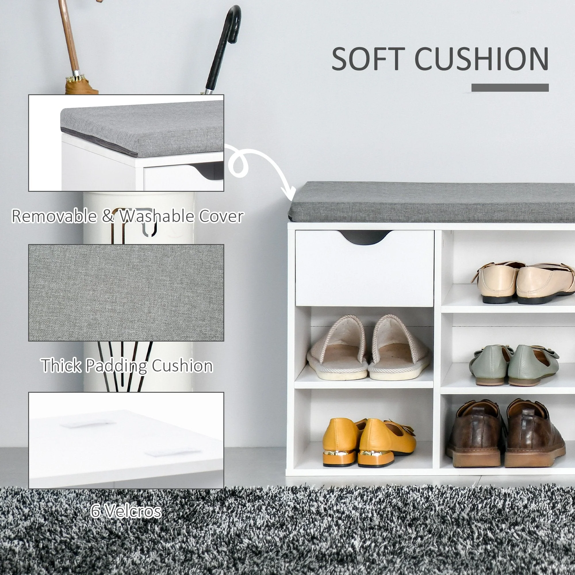 Shoe Storage Bench w/ Cushion 7 Compartments Adjustable Shelves White and Grey - Image 6