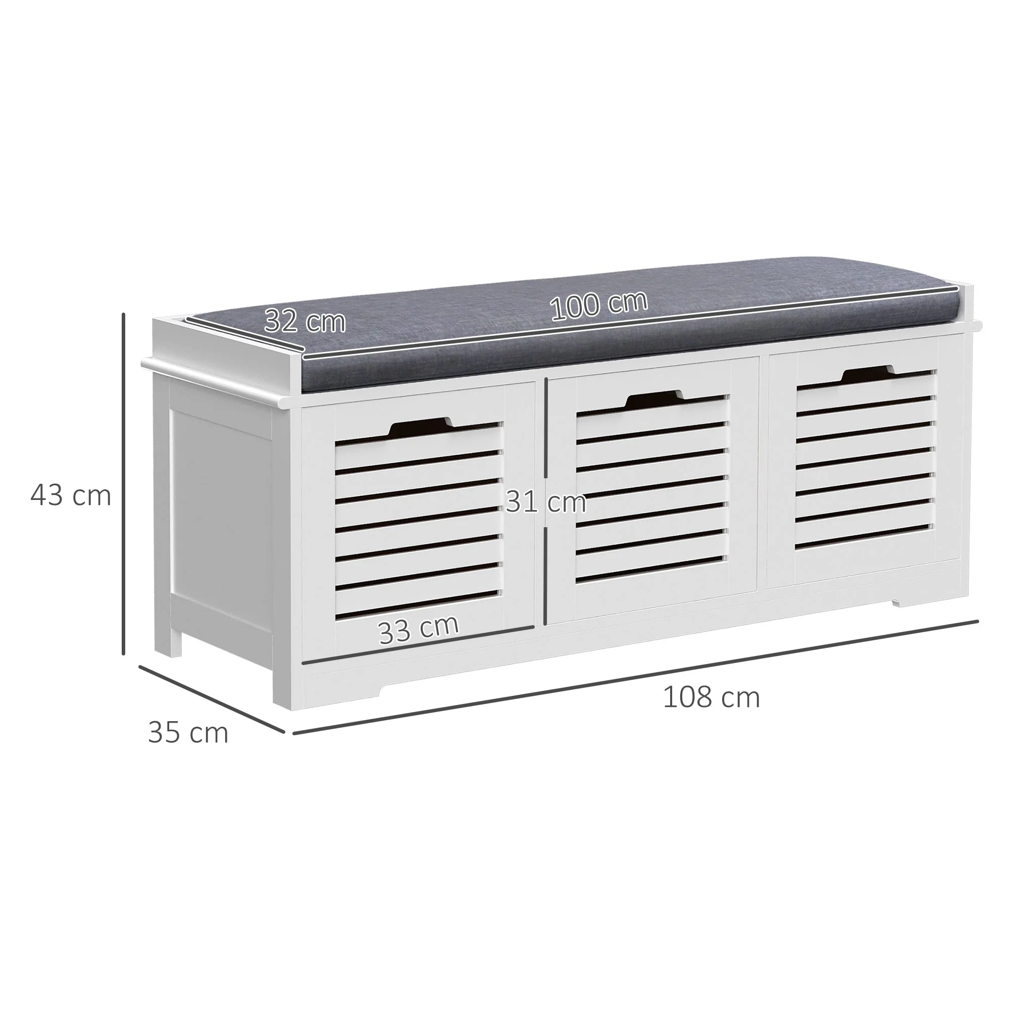 Shoe Storage Bench with 3 Drawers & Removable Grey Seat Cushion Hallway Organisation furniture - Image 2