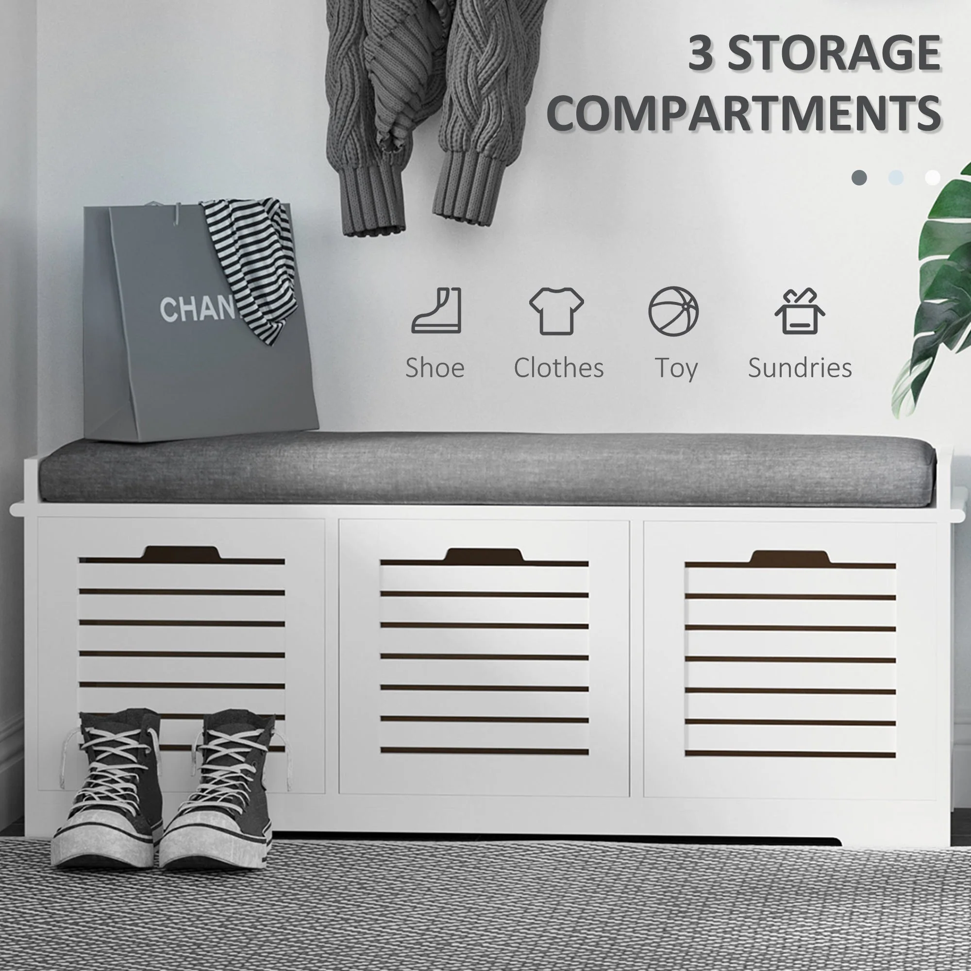 Shoe Storage Bench with 3 Drawers & Removable Grey Seat Cushion Hallway Organisation furniture - Image 3