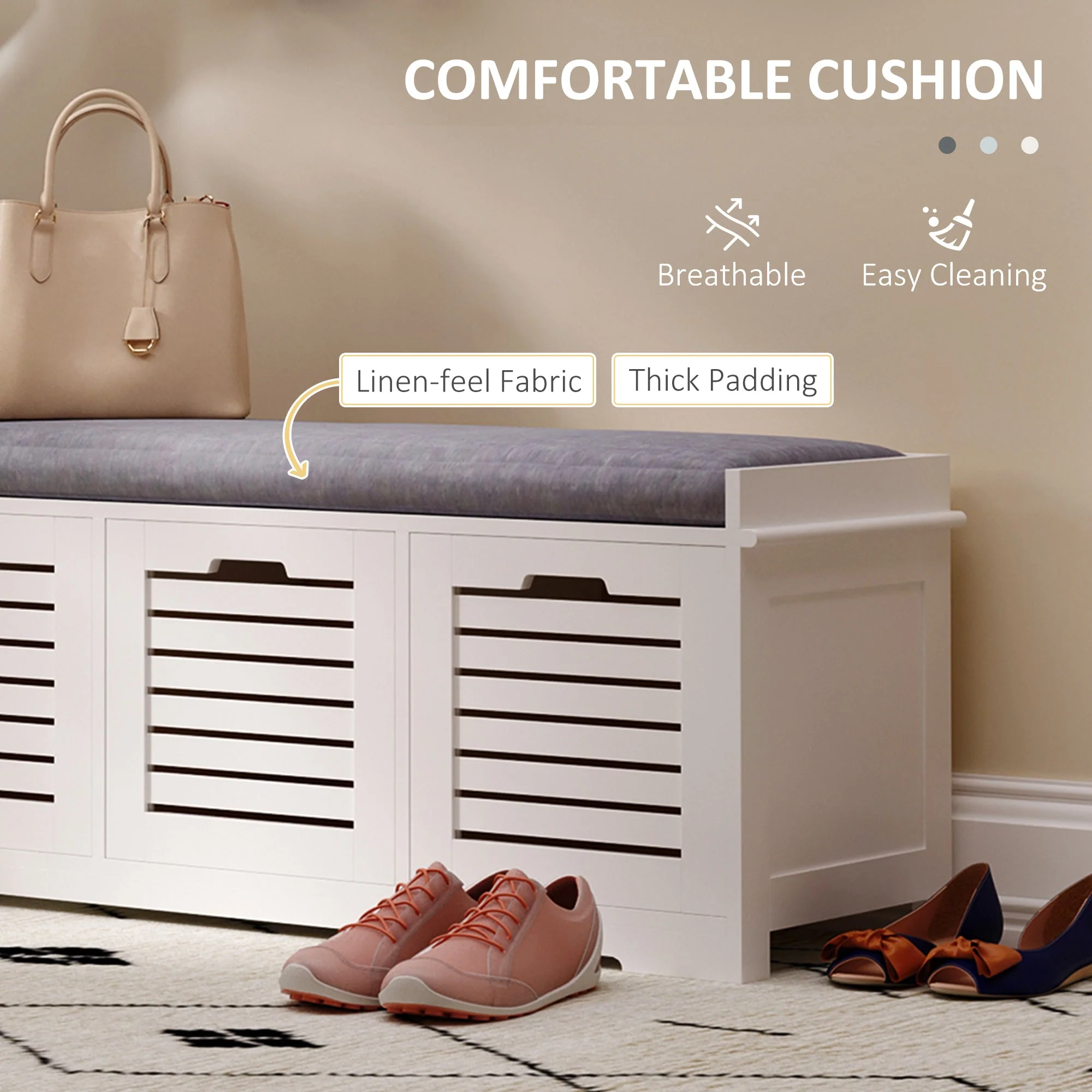 Shoe Storage Bench with 3 Drawers & Removable Grey Seat Cushion Hallway Organisation furniture - Image 4