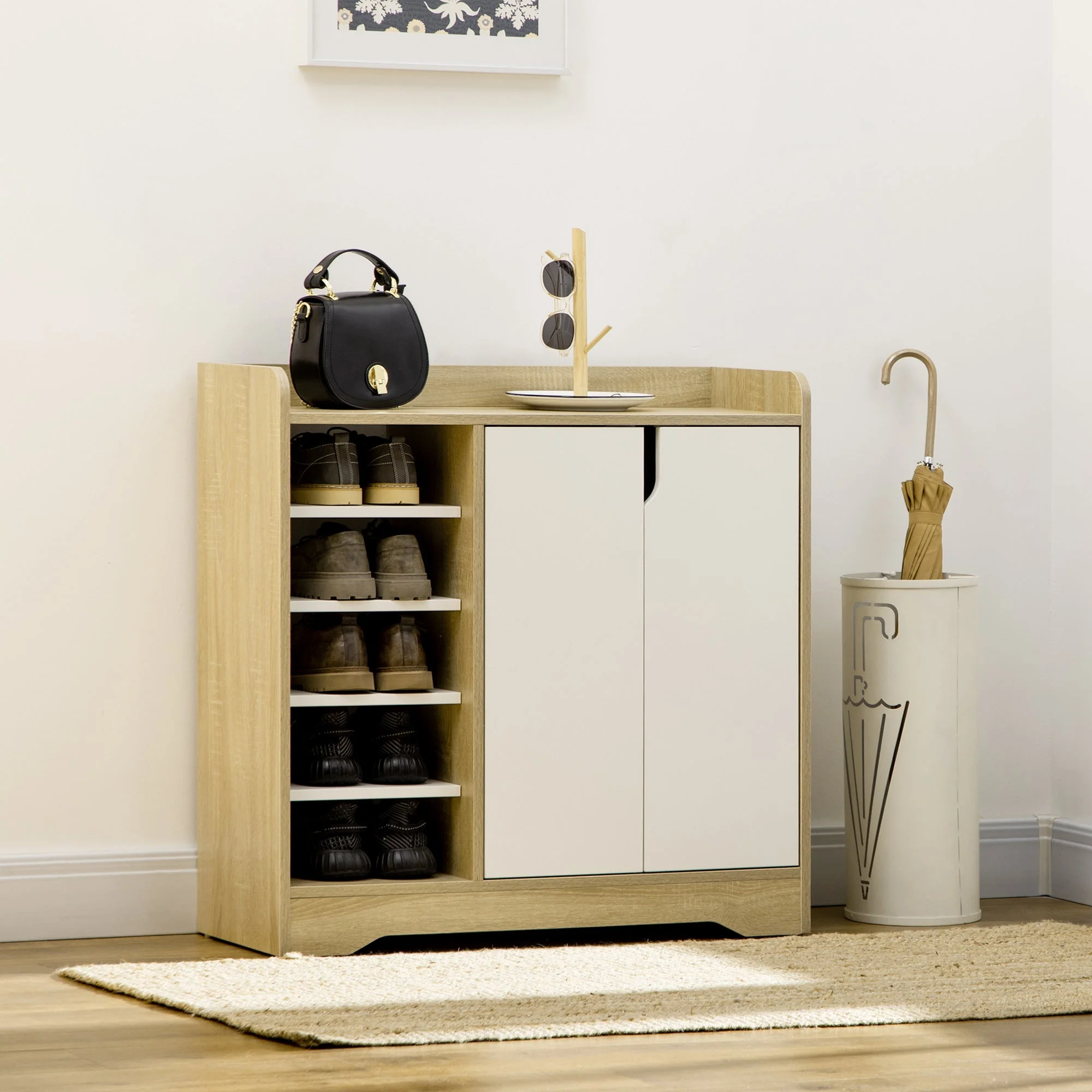 Shoe Storage with Double Doors and Open Shelves 13 Pair Shoe Storage Organizer for Entryway Hallway Natural and White - Image 2