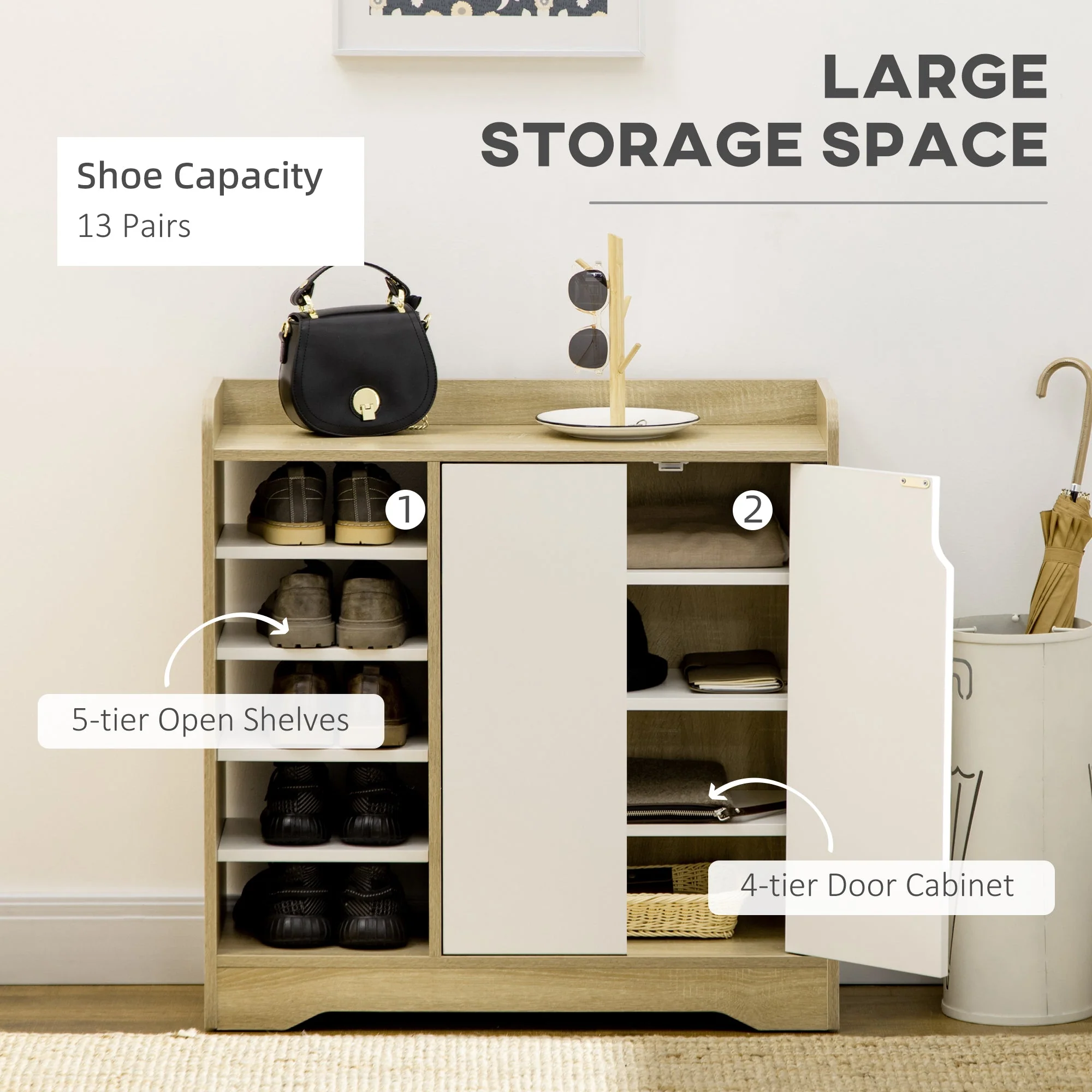Shoe Storage with Double Doors and Open Shelves 13 Pair Shoe Storage Organizer for Entryway Hallway Natural and White - Image 4