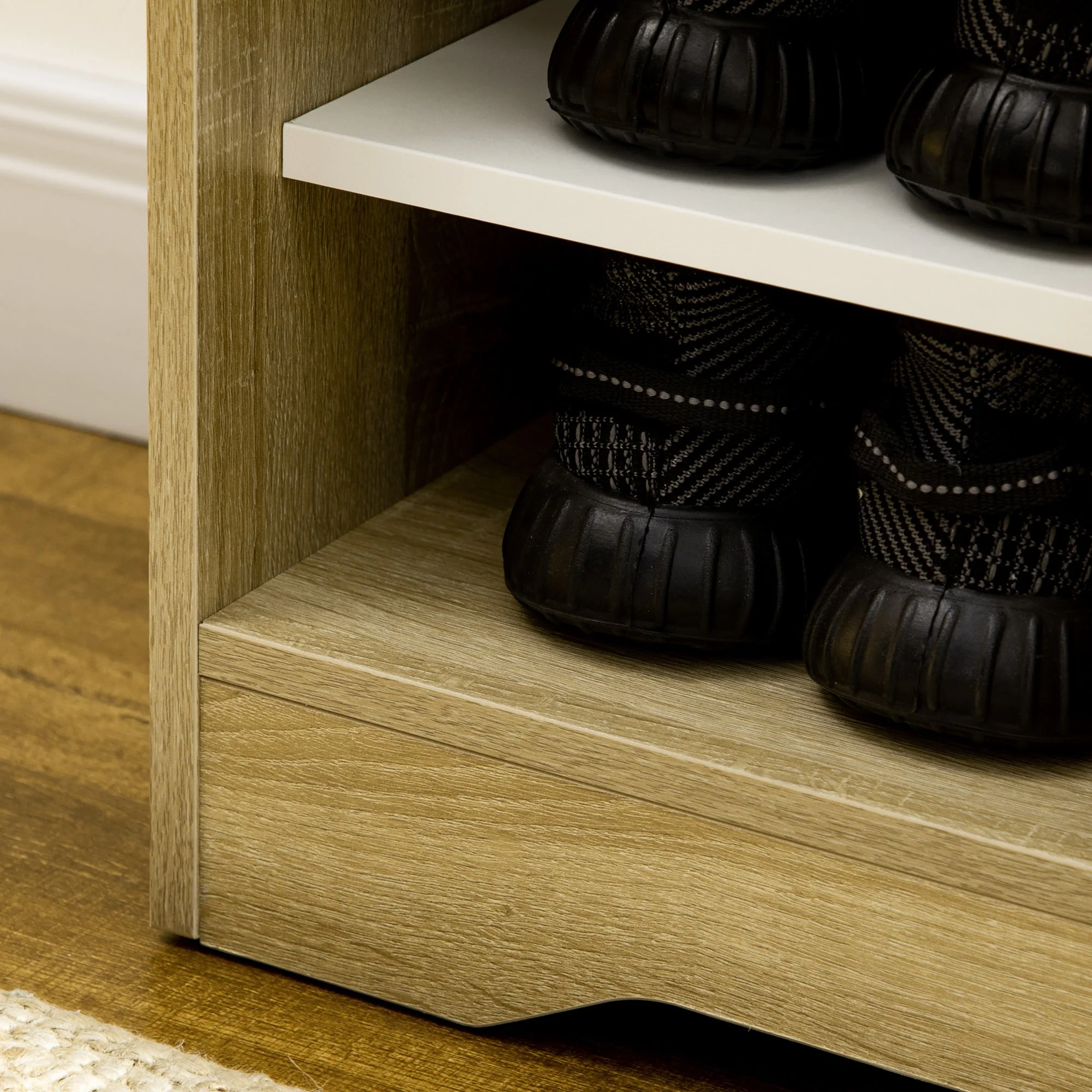 Shoe Storage with Double Doors and Open Shelves 13 Pair Shoe Storage Organizer for Entryway Hallway Natural and White - Image 9