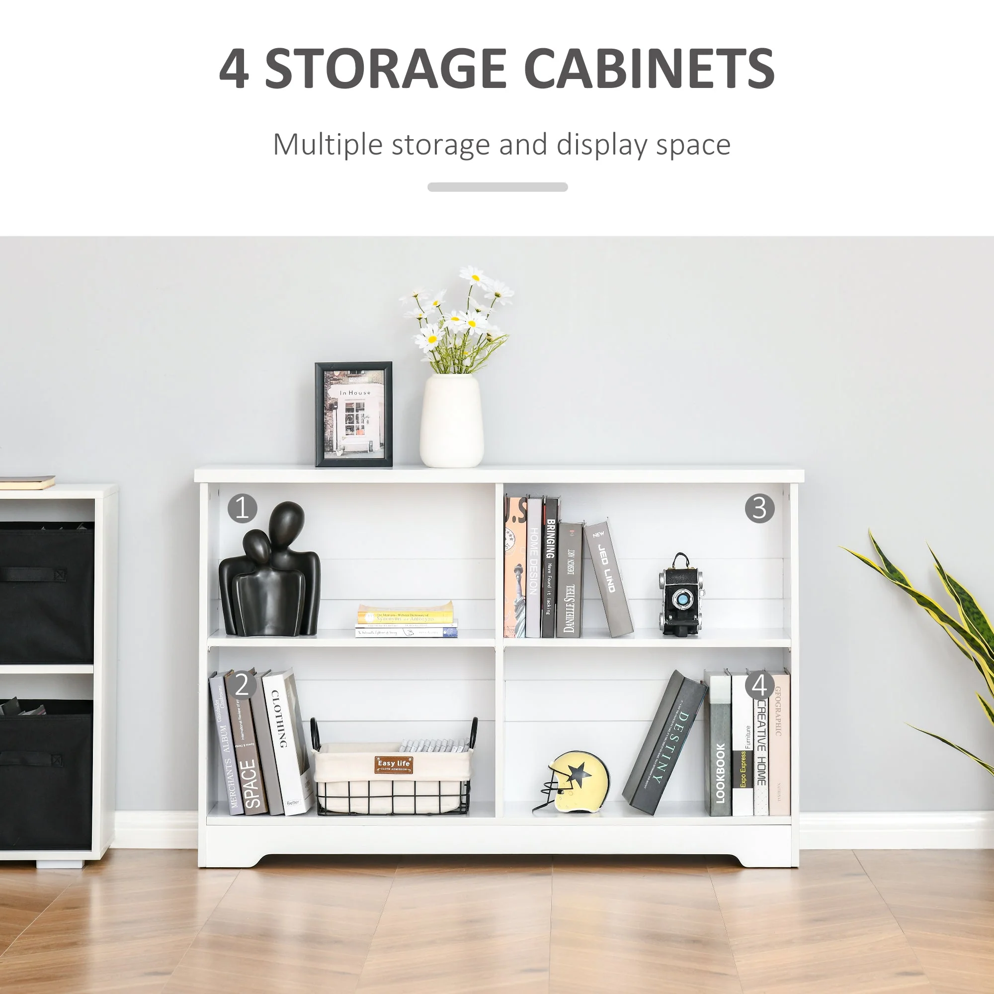 Simple Modern 4-Compartment Low Bookcase 2-Tier w/ Moving Shelves Cube Display Storage Unit Home Office Living Room Furniture White - Image 4