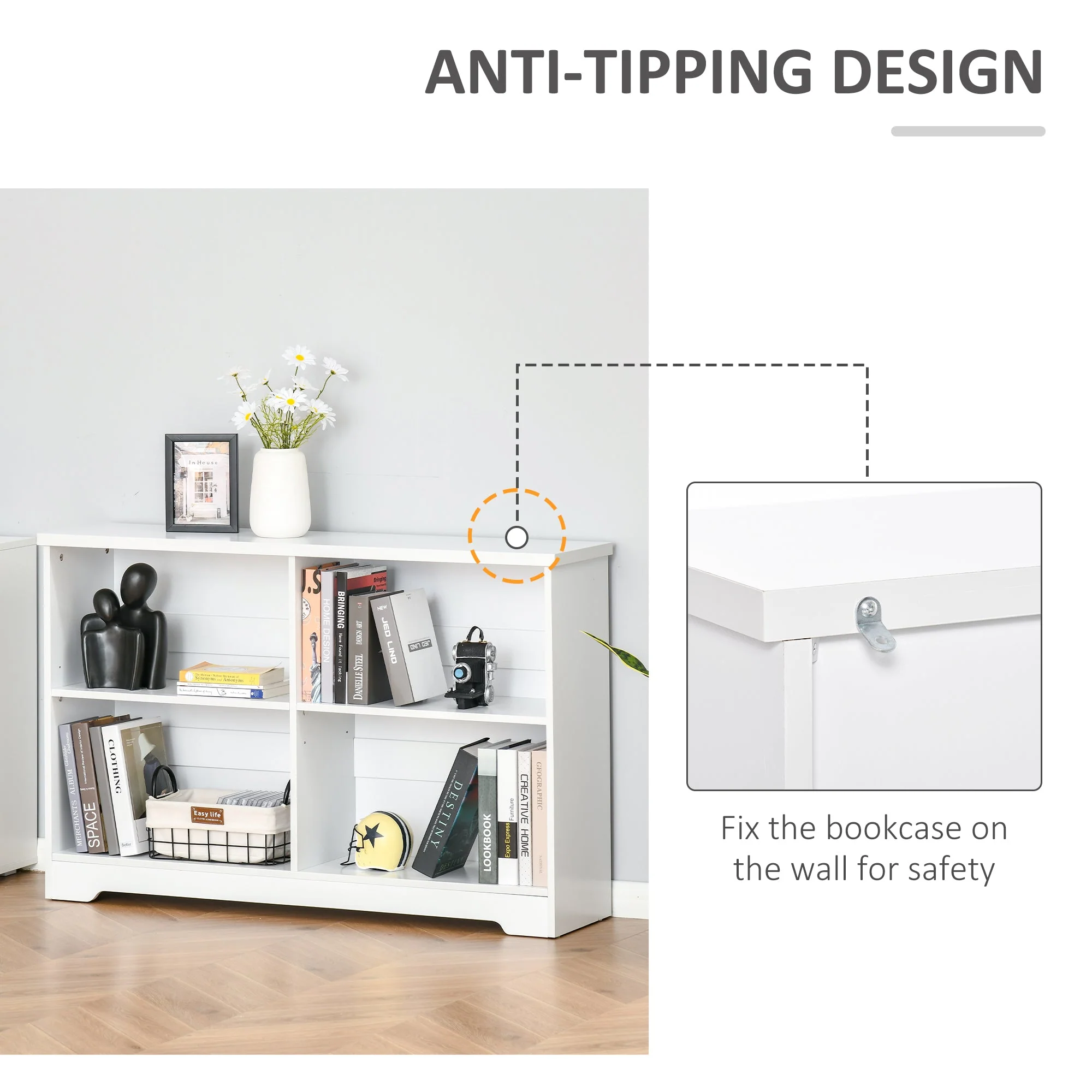 Simple Modern 4-Compartment Low Bookcase 2-Tier w/ Moving Shelves Cube Display Storage Unit Home Office Living Room Furniture White - Image 6