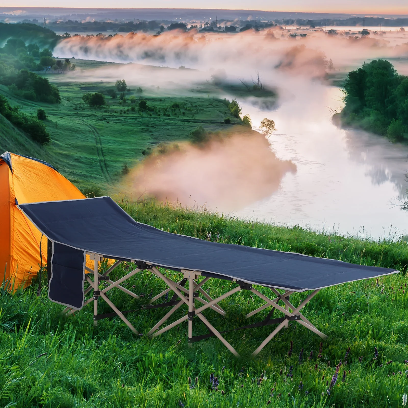 Single Person Camping Bed Folding Cot Outdoor Patio Portable Military Sleeping Bed Travel Guest Leisure Fishing with Side Pocket and Carry Bag - Blue - Image 2