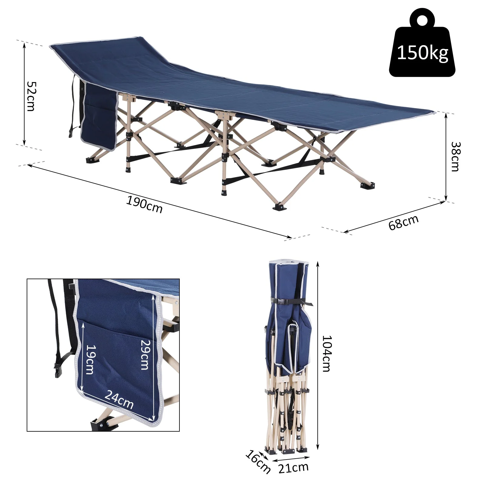 Single Person Camping Bed Folding Cot Outdoor Patio Portable Military Sleeping Bed Travel Guest Leisure Fishing with Side Pocket and Carry Bag - Blue - Image 3