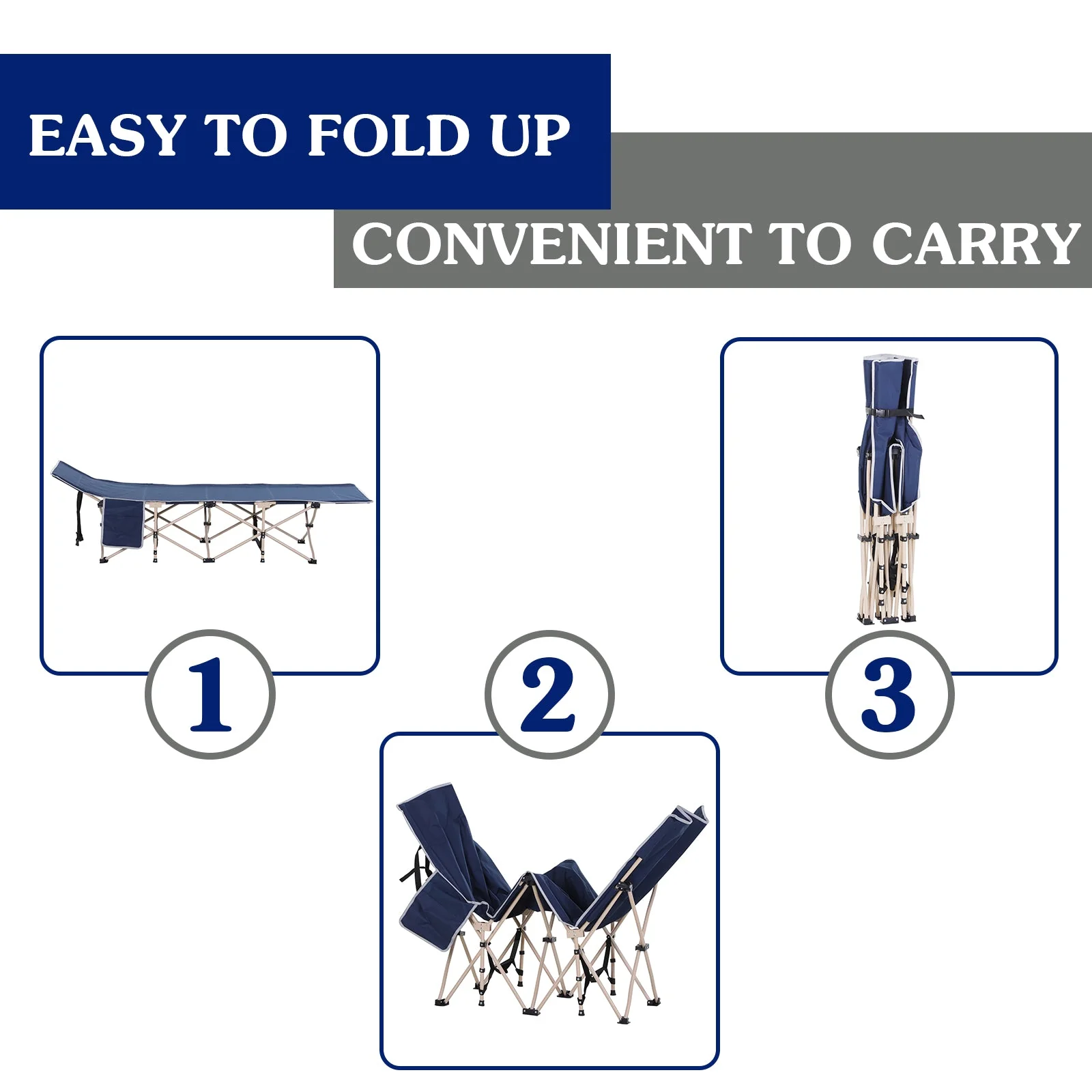 Single Person Camping Bed Folding Cot Outdoor Patio Portable Military Sleeping Bed Travel Guest Leisure Fishing with Side Pocket and Carry Bag - Blue - Image 4