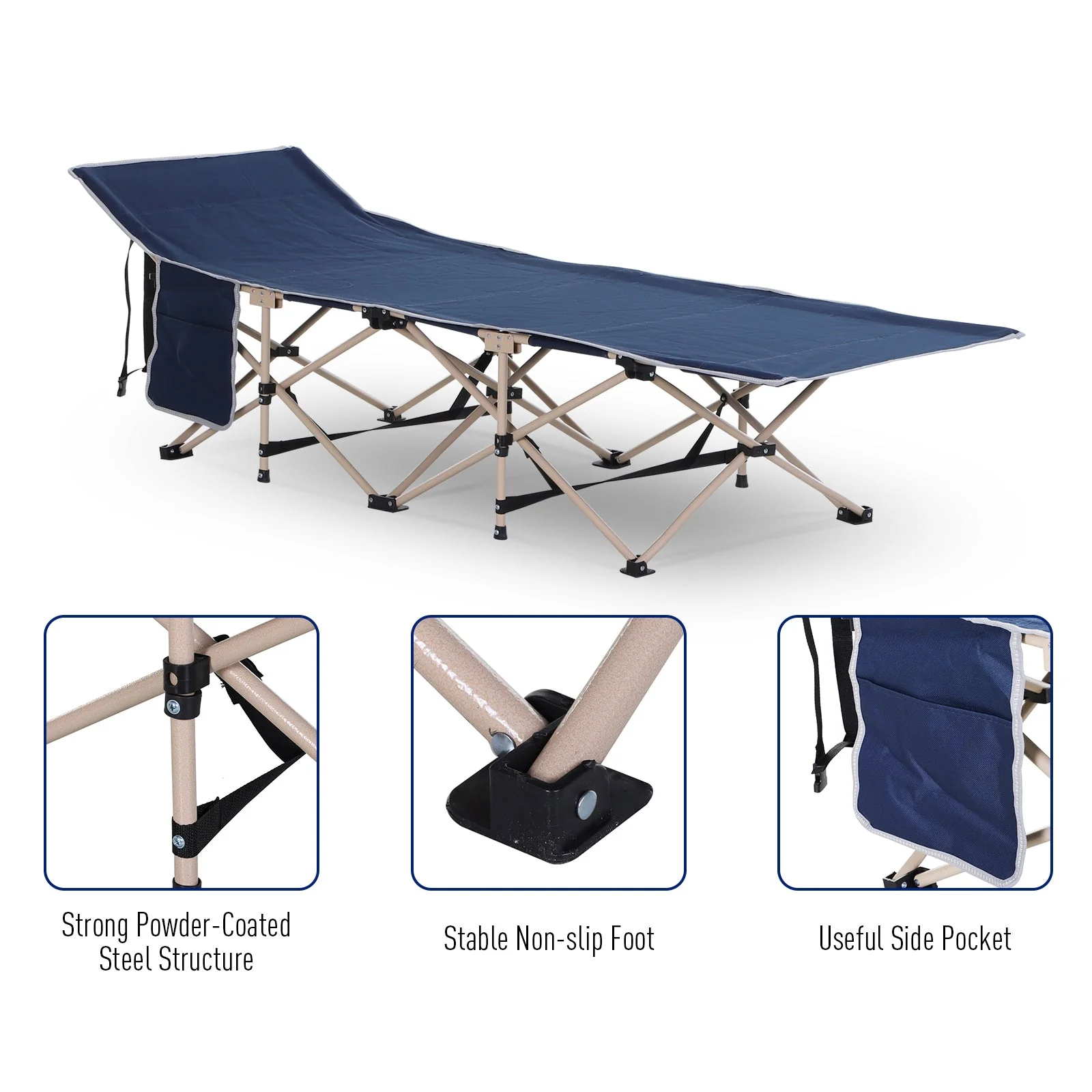 Single Person Camping Bed Folding Cot Outdoor Patio Portable Military Sleeping Bed Travel Guest Leisure Fishing with Side Pocket and Carry Bag - Blue - Image 6