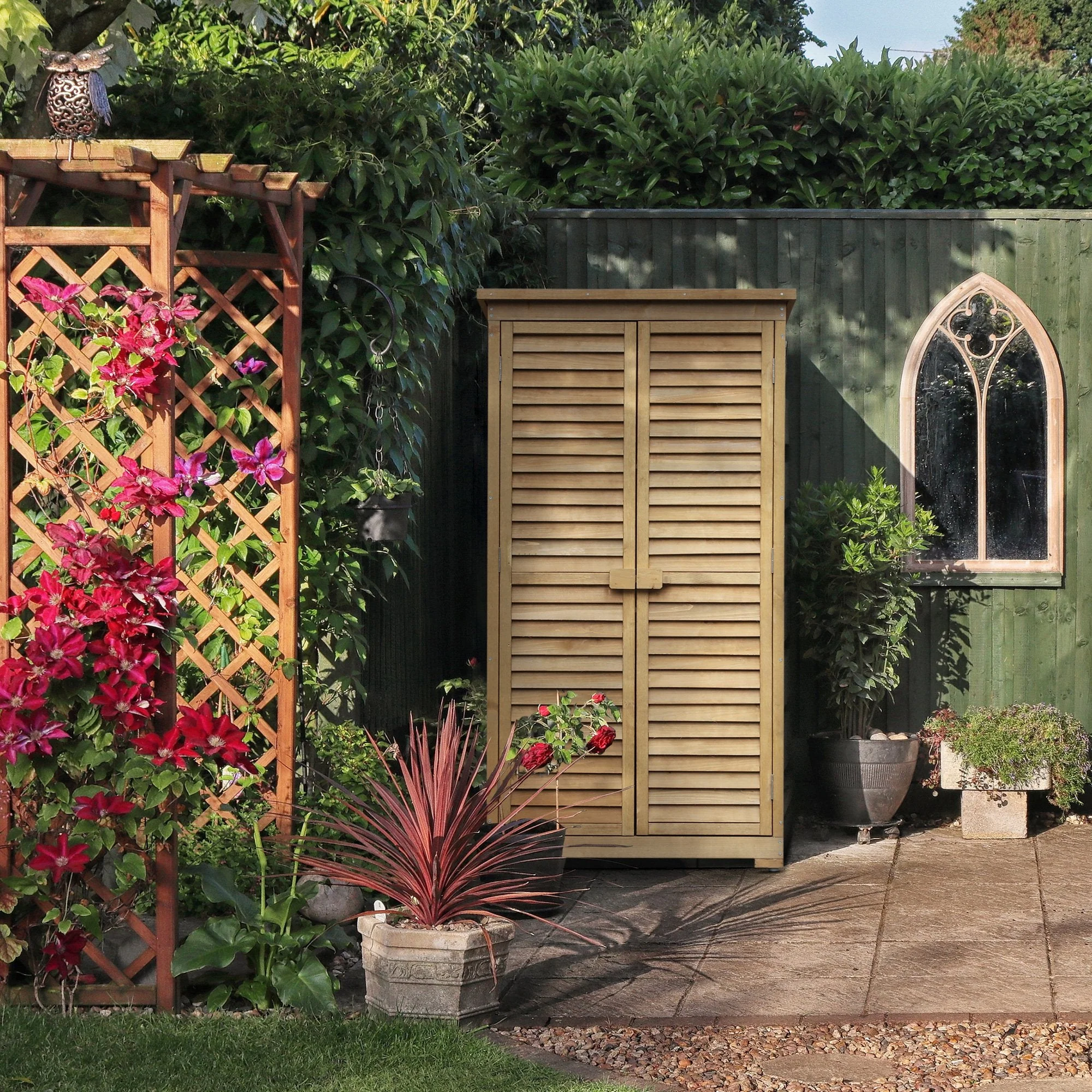 Slatted 160cm Double Door Pent Garden Store With Shelves Fir Wood Natural by Steadfast - Image 2