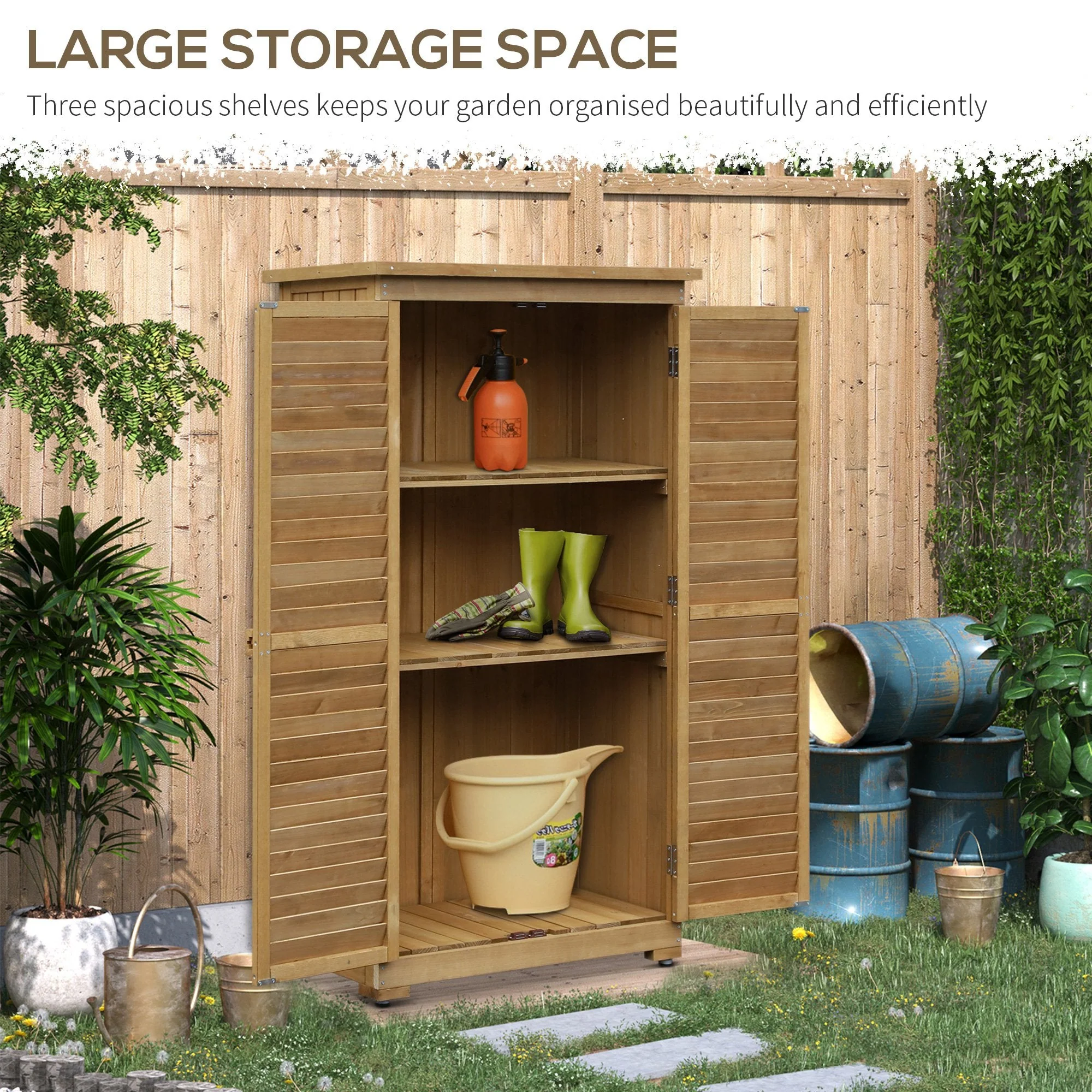 Slatted 160cm Double Door Pent Garden Store With Shelves Fir Wood Natural by Steadfast - Image 7
