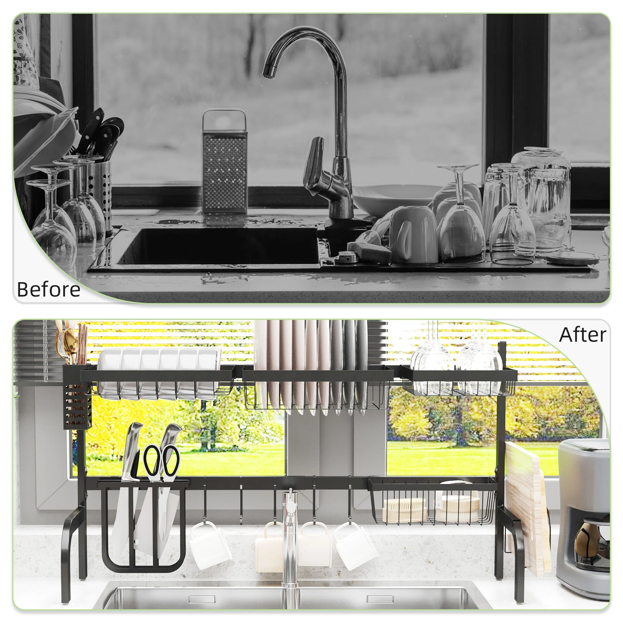 Space Saving 2 Tier Adjustable Dish Drainer Over The Sink Dish Drying Rack - Image 3