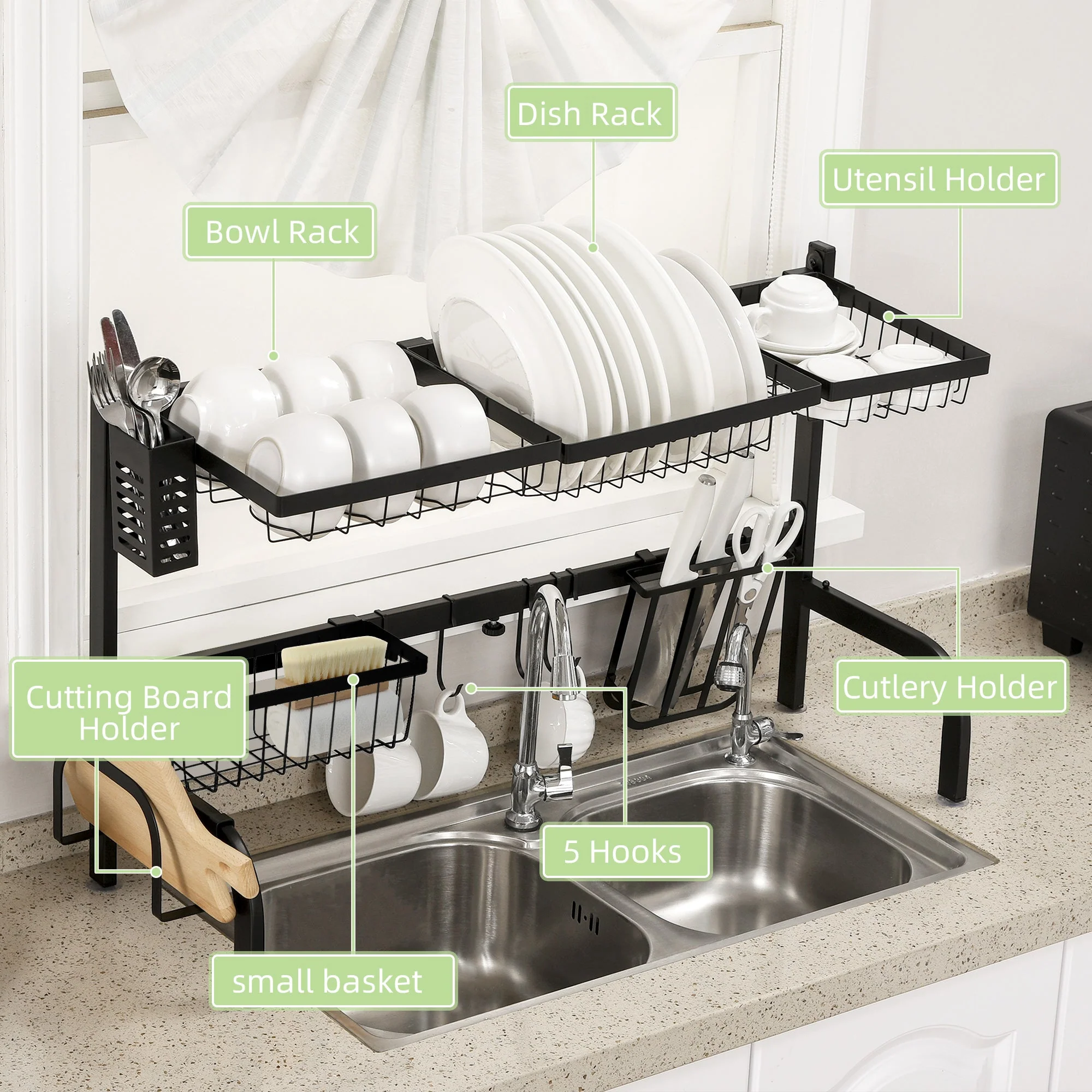 Space Saving 2 Tier Adjustable Dish Drainer Over The Sink Dish Drying Rack - Image 4