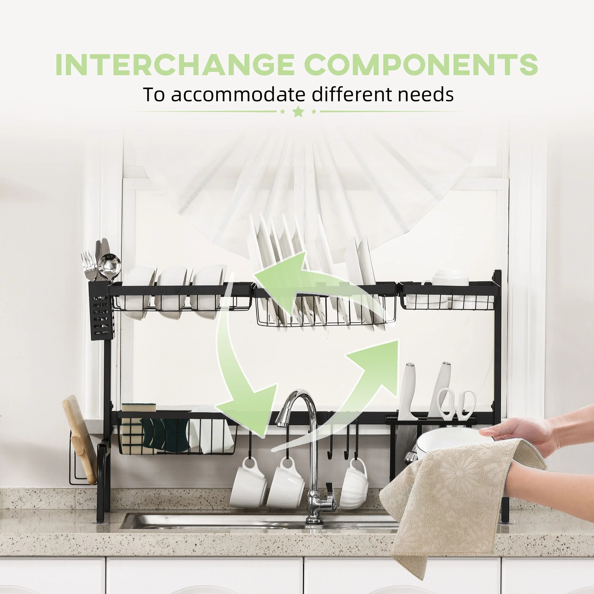 Space Saving 2 Tier Adjustable Dish Drainer Over The Sink Dish Drying Rack - Image 6