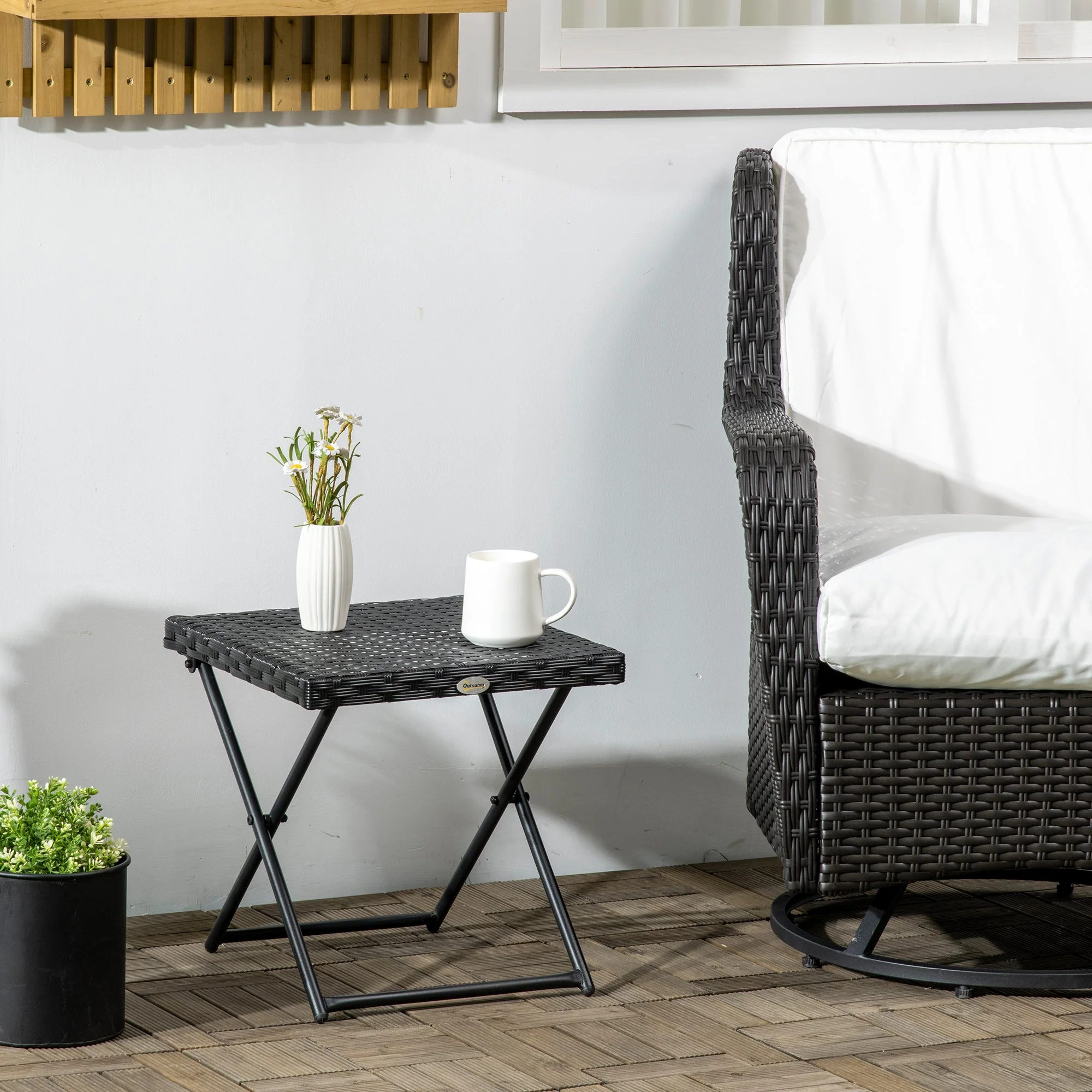 Square PE Wicker Rattan Folding Table - Black