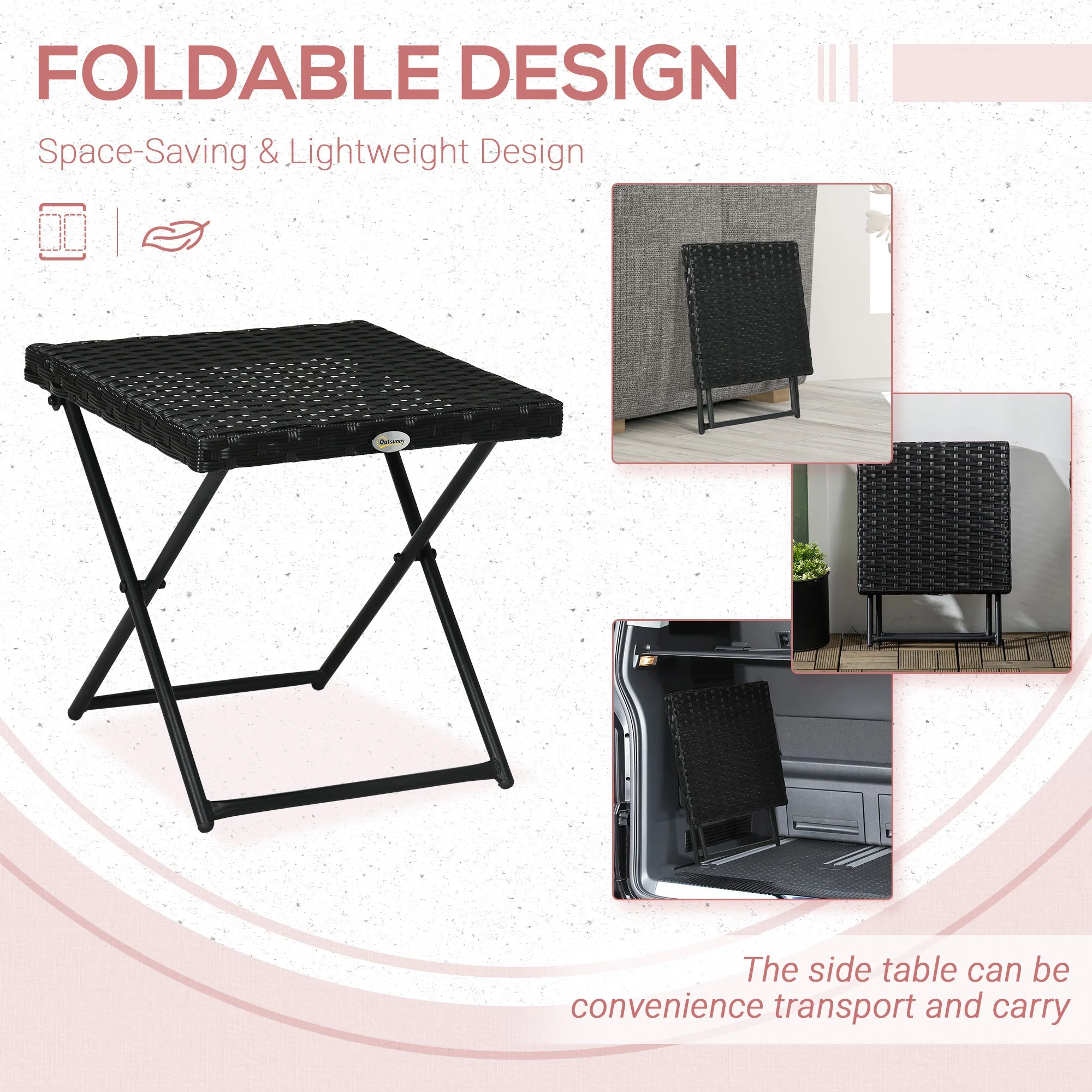 Square PE Wicker Rattan Folding Table - Black - Image 3