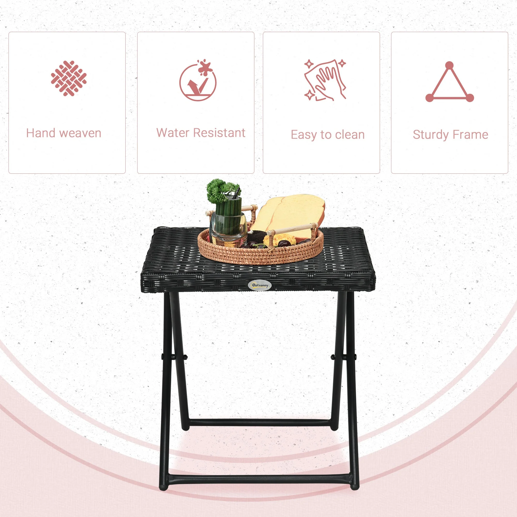 Square PE Wicker Rattan Folding Table - Black - Image 4