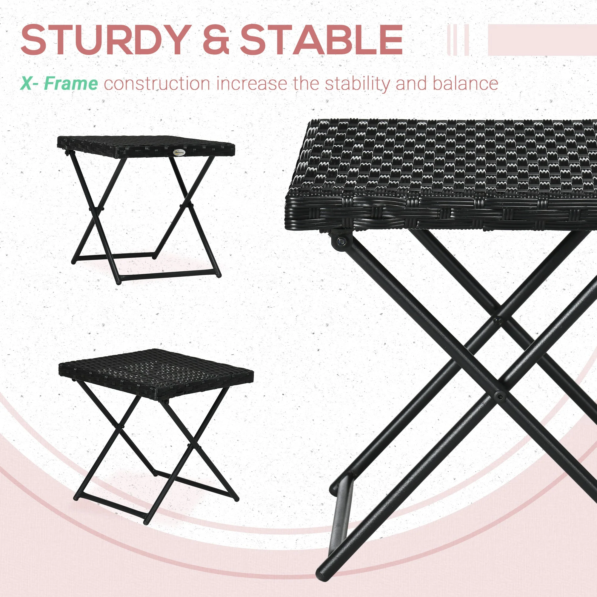 Square PE Wicker Rattan Folding Table - Black - Image 5
