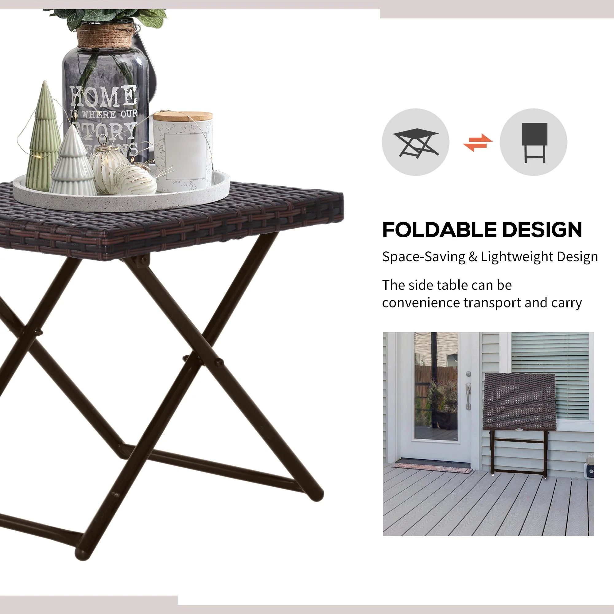 Square PE Wicker Rattan Folding Table - Brown - Image 3