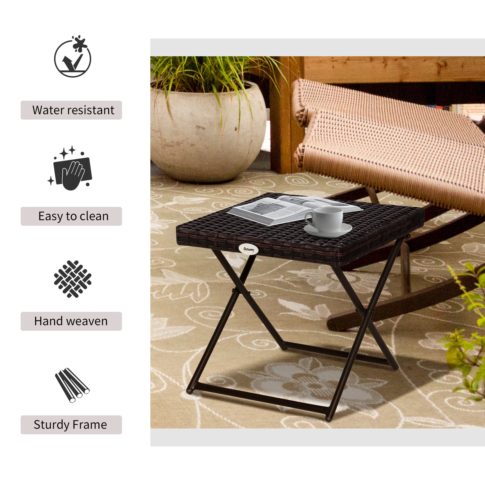 Square PE Wicker Rattan Folding Table - Brown - Image 5