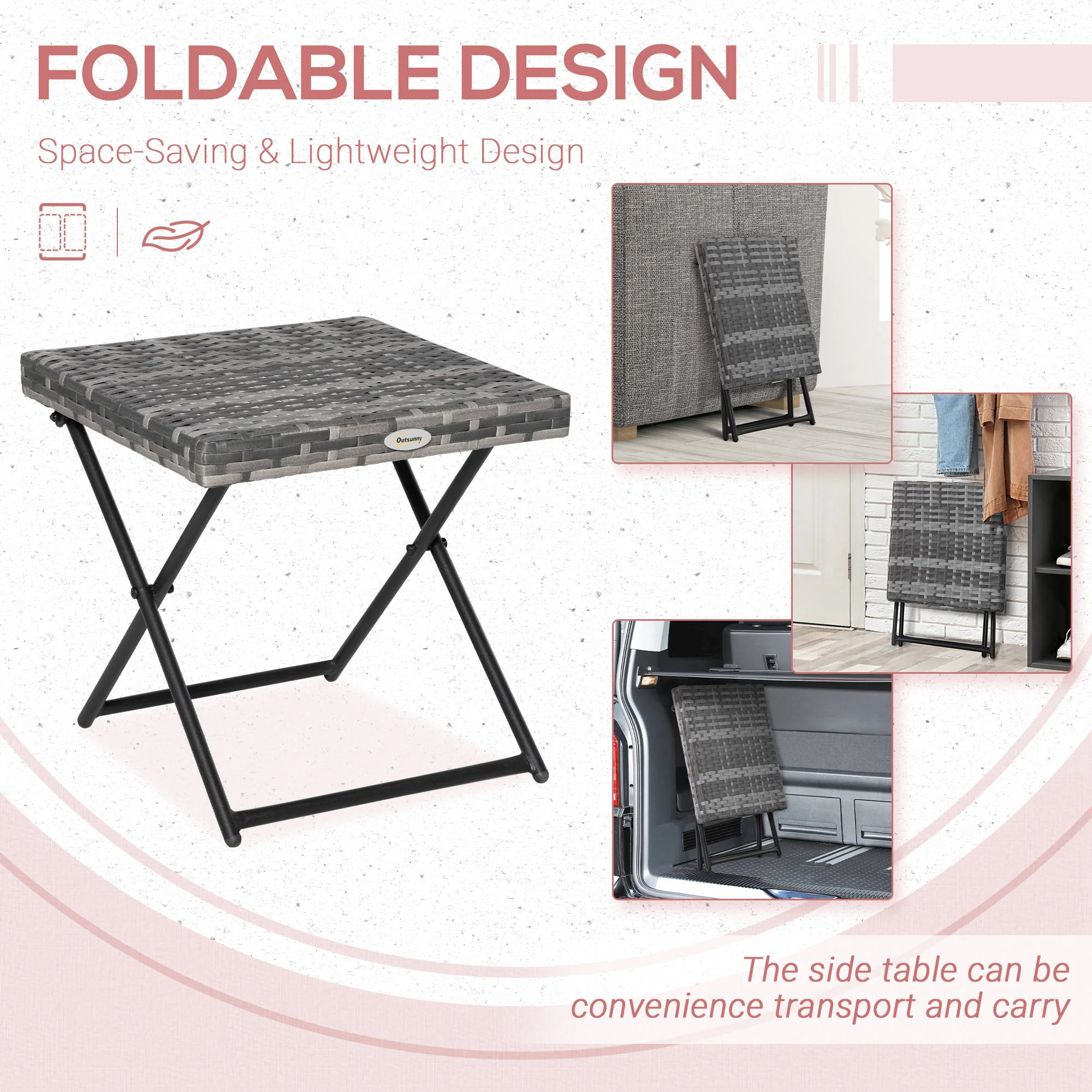 Square PE Wicker Rattan Folding Table - Grey - Image 3