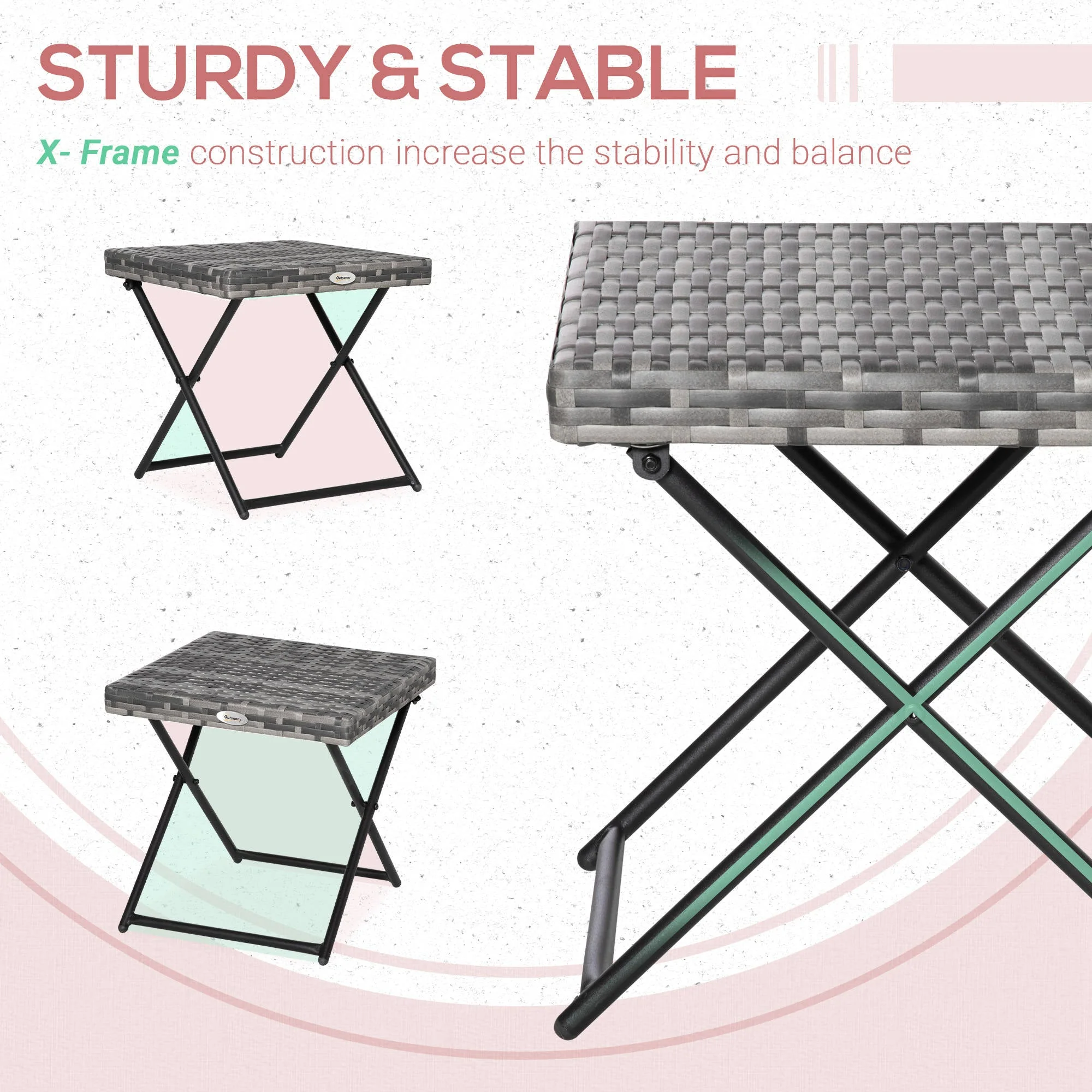 Square PE Wicker Rattan Folding Table - Grey - Image 5