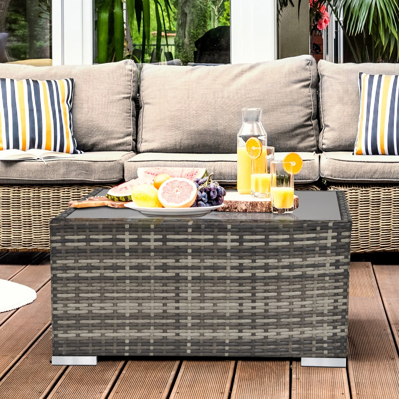 Square PE Wicker Rattan Table with Glass Top - Dark Grey - Image 2