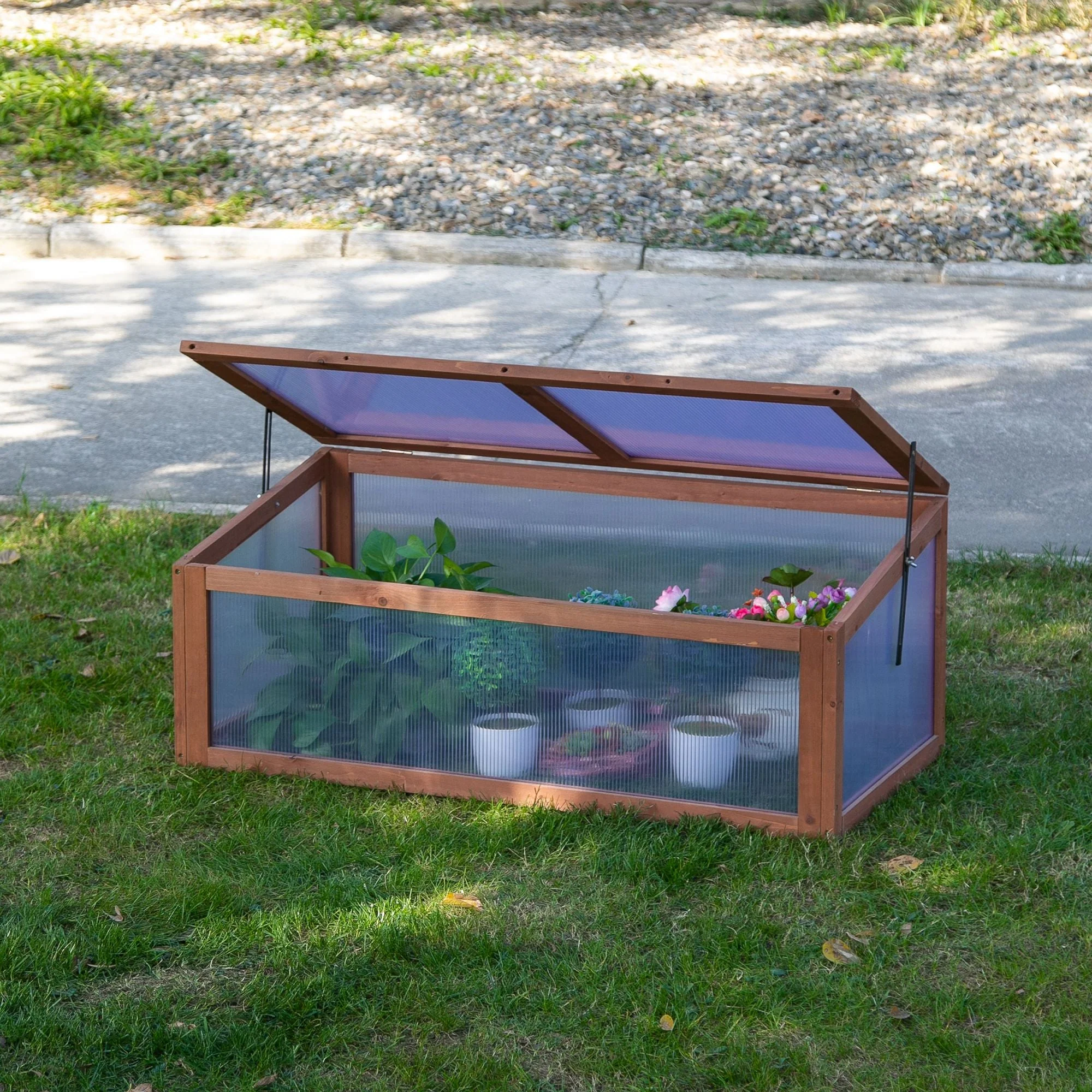 Square Wooden Outdoor Greenhouse for Plants with Openable Cover PC Board 100 x 65 x 40 cm - Image 2