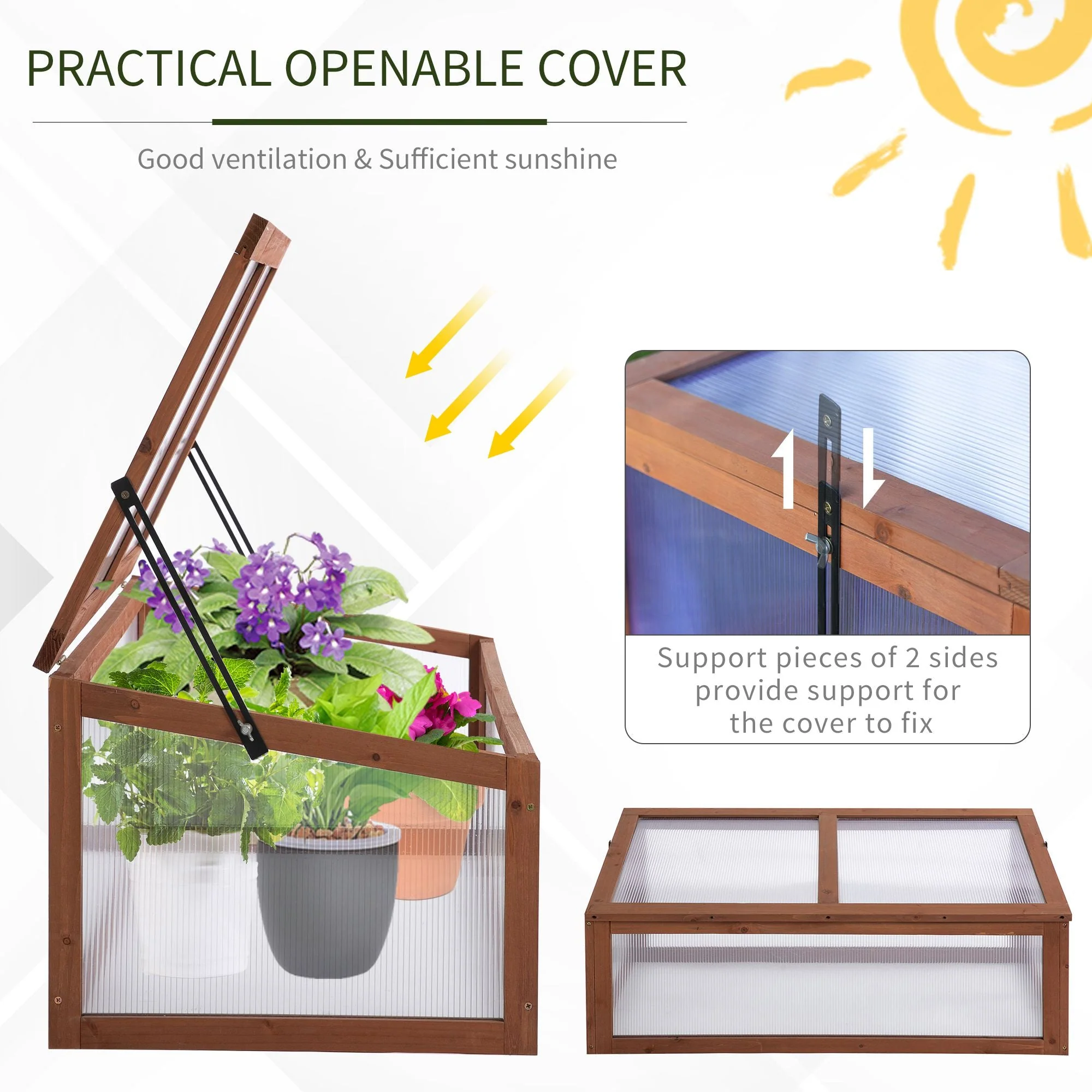 Square Wooden Outdoor Greenhouse for Plants with Openable Cover PC Board 100 x 65 x 40 cm - Image 6