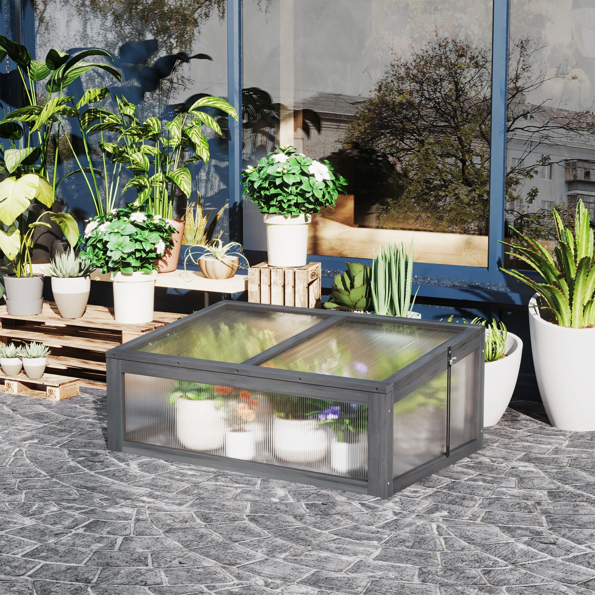 Square Wooden Outdoor Greenhouse w/ Openable Cover PC Board 100 x 65 x 40cm Grey - Image 2