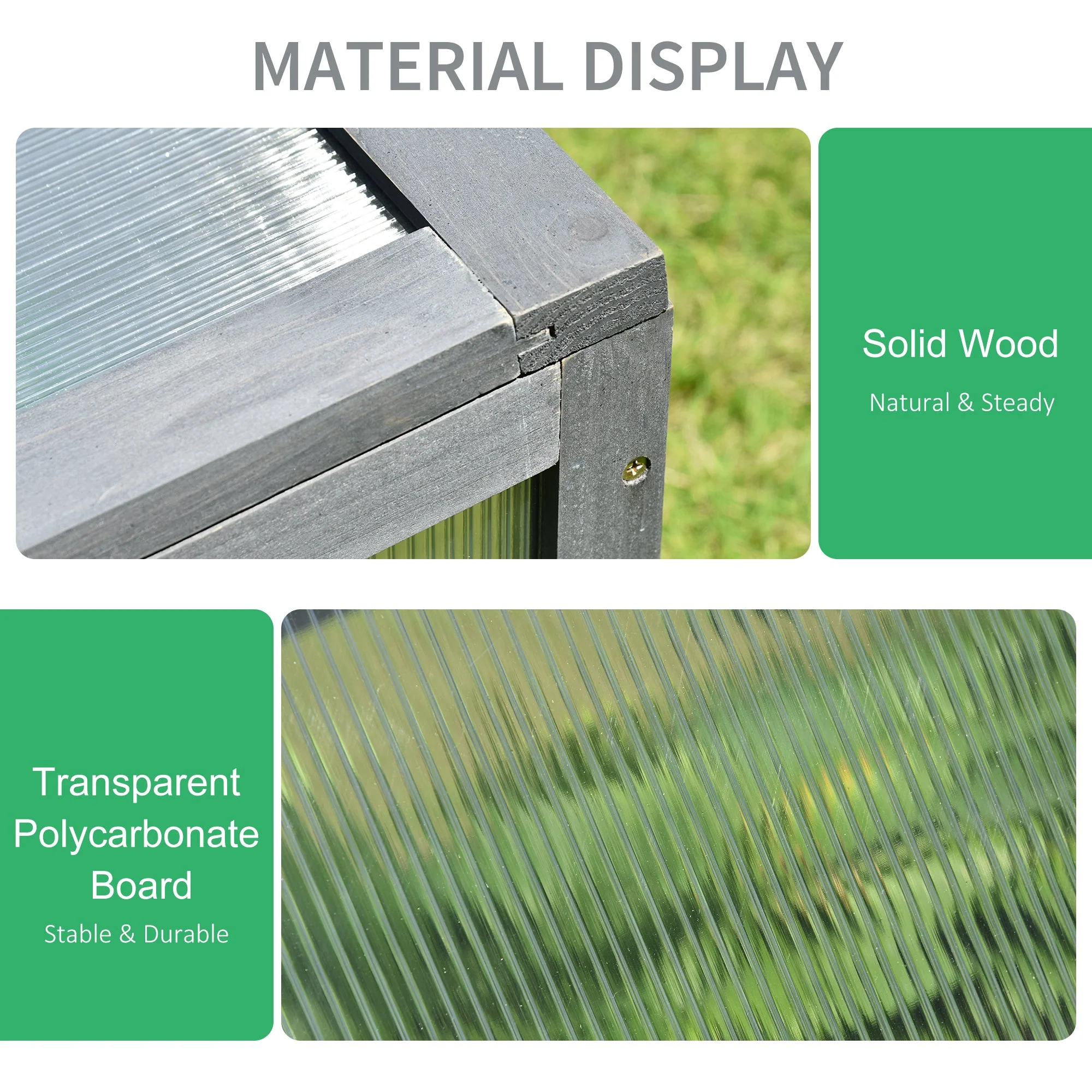 Square Wooden Outdoor Greenhouse w/ Openable Cover PC Board 100 x 65 x 40cm Grey - Image 6
