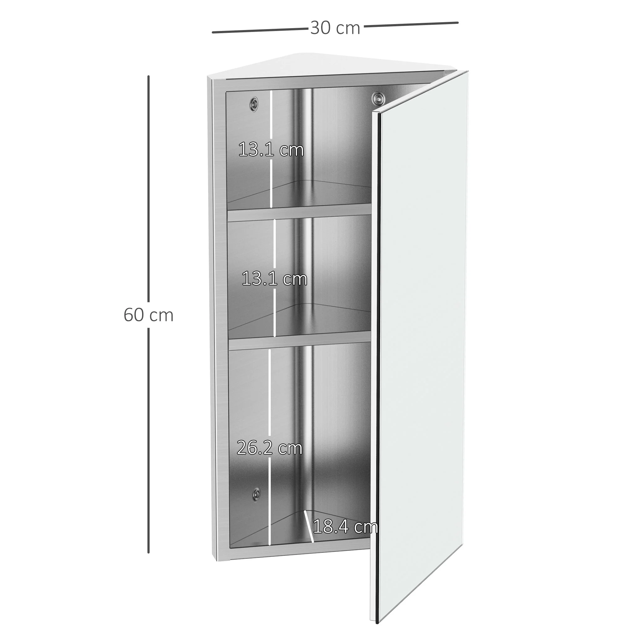 Stainless Steel Wall mounted Bathroom Corner Mirror Storage Cabinet Single Door 300mm W - Image 3