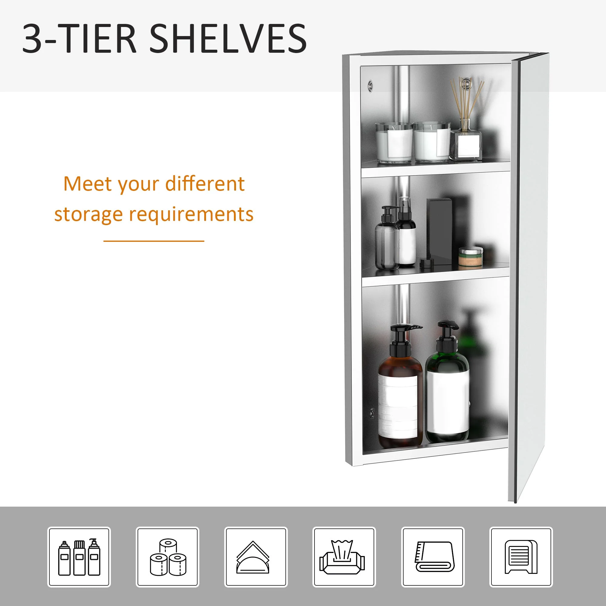 Stainless Steel Wall mounted Bathroom Corner Mirror Storage Cabinet Single Door 300mm W - Image 4
