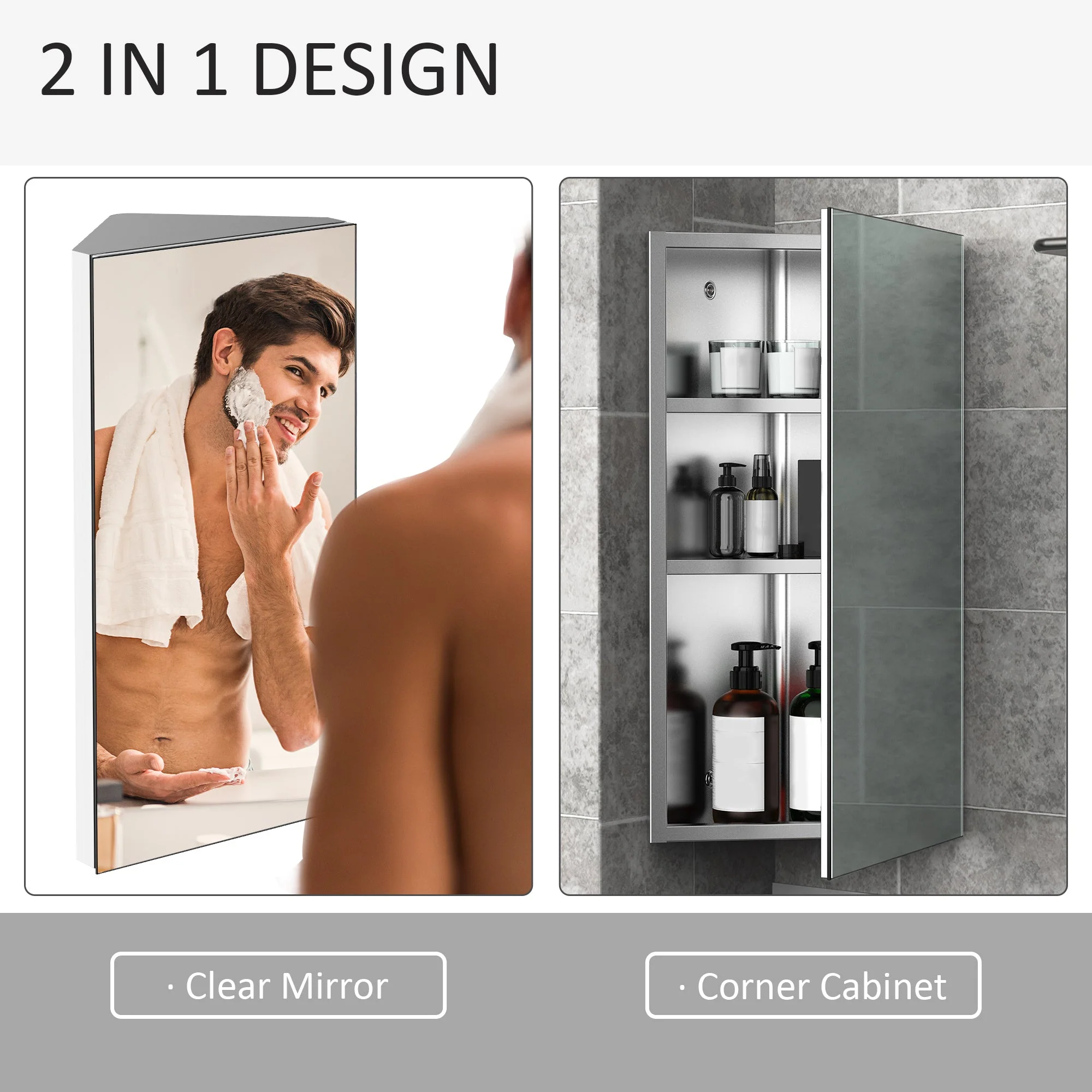 Stainless Steel Wall mounted Bathroom Corner Mirror Storage Cabinet Single Door 300mm W - Image 5