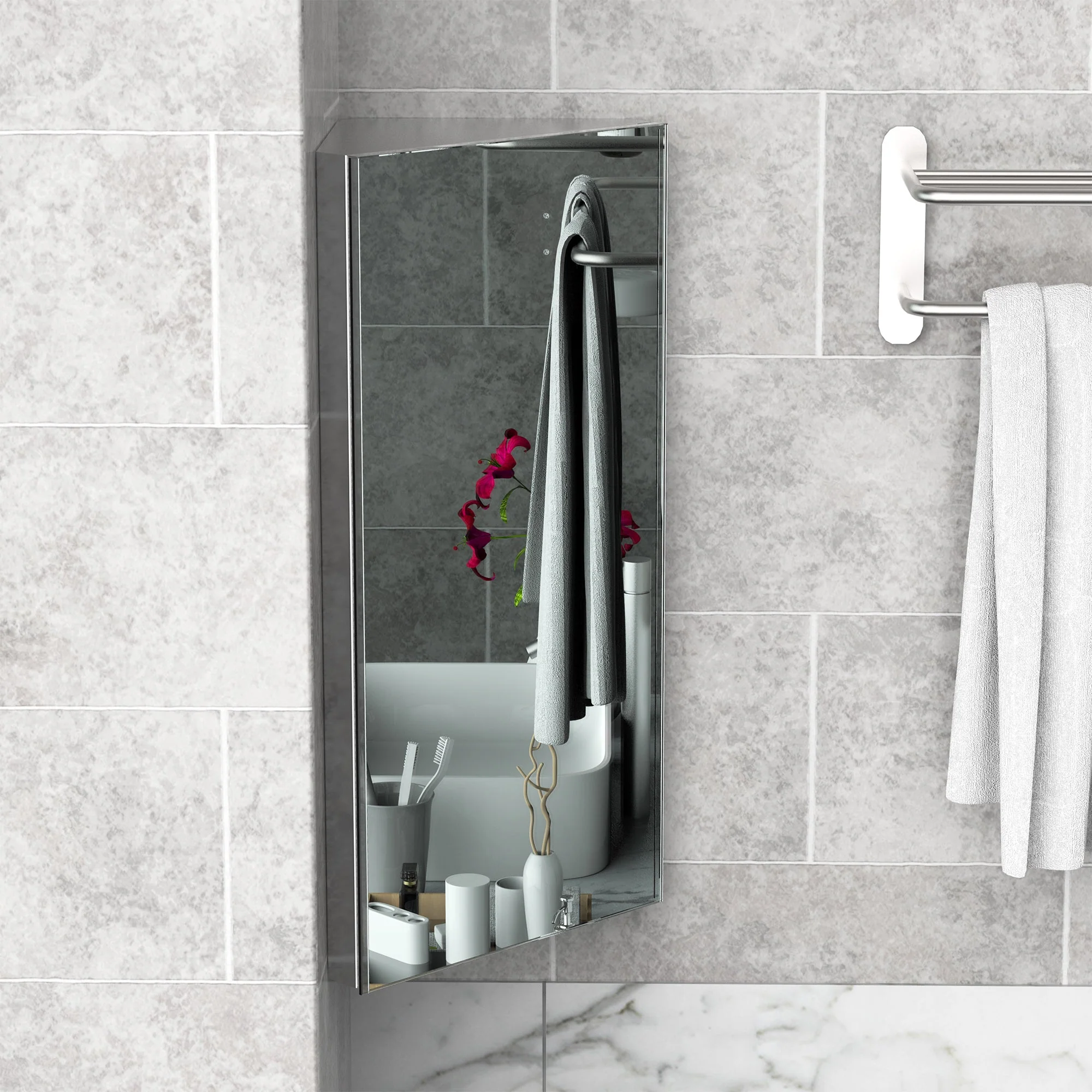Stainless Steel Wall mounted Bathroom Corner Mirror Storage Cabinet Single Door 300mm W - Image 7