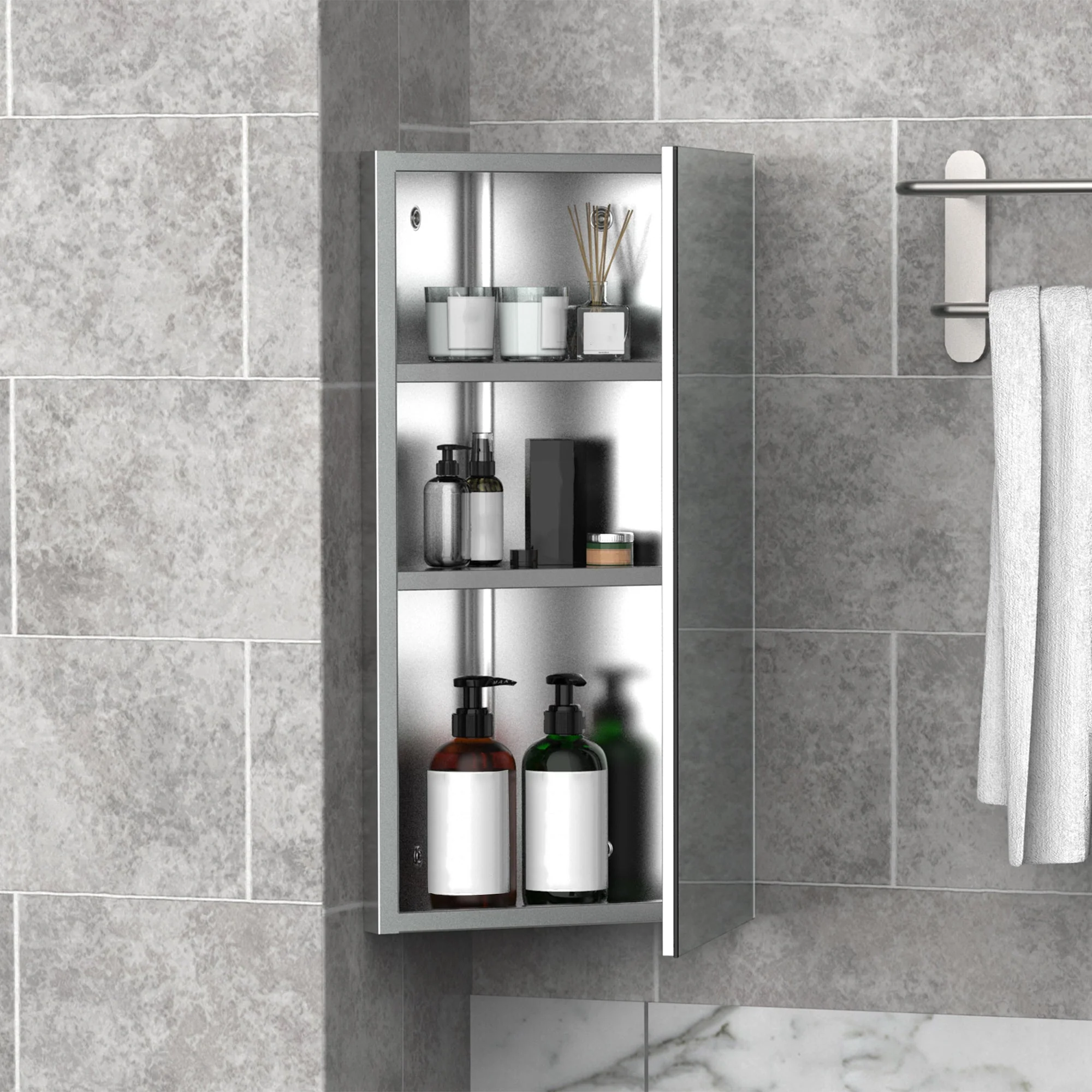 Stainless Steel Wall mounted Bathroom Corner Mirror Storage Cabinet Single Door 300mm W - Image 9
