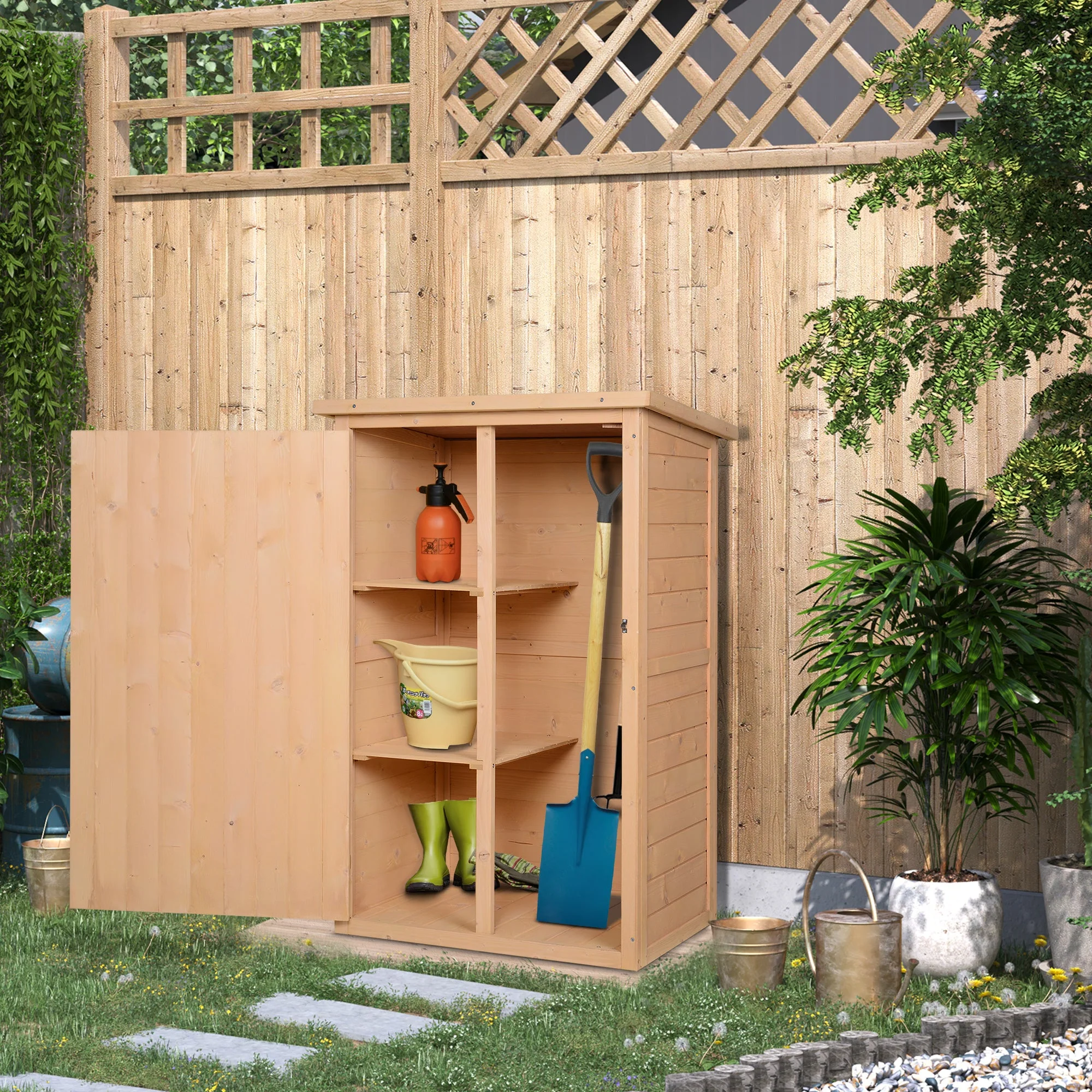 Standard 75cm Single Door Pent Garden Store With Shelves Fir Wood Natural by Steadfast - Image 2