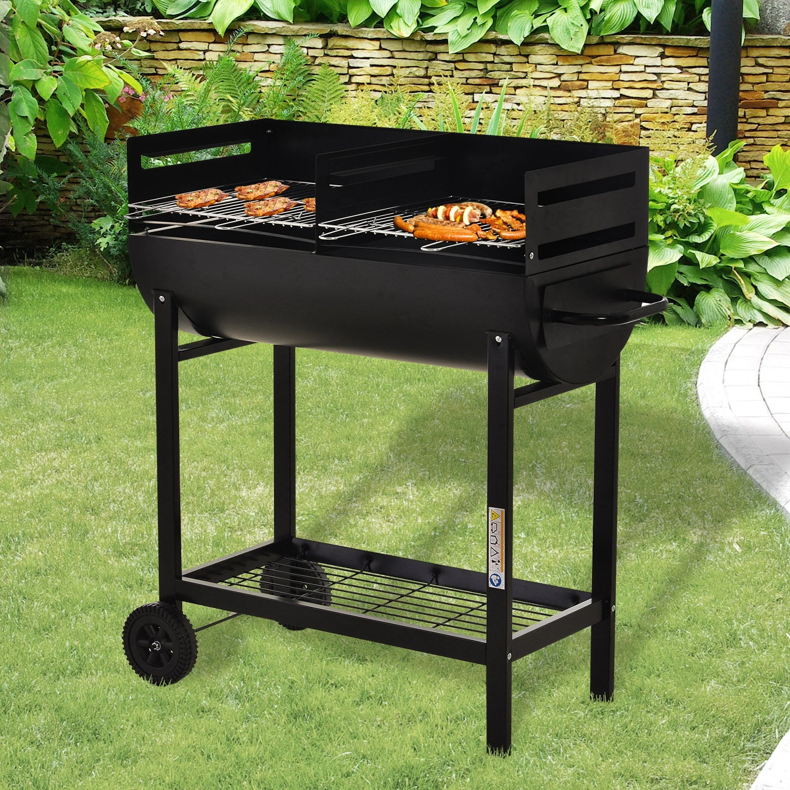 Steel 2-Grill Charcoal BBQ w/ Wheels Black - Image 2