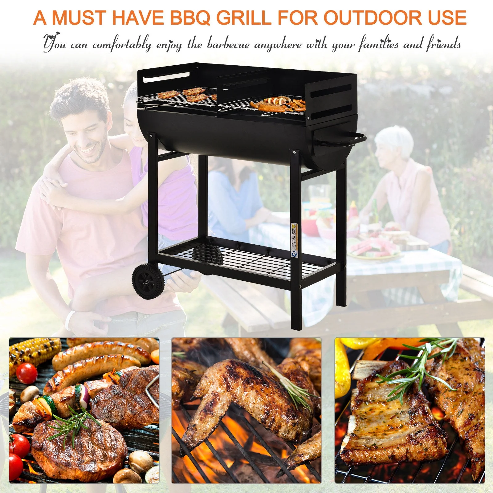 Steel 2-Grill Charcoal BBQ w/ Wheels Black - Image 4
