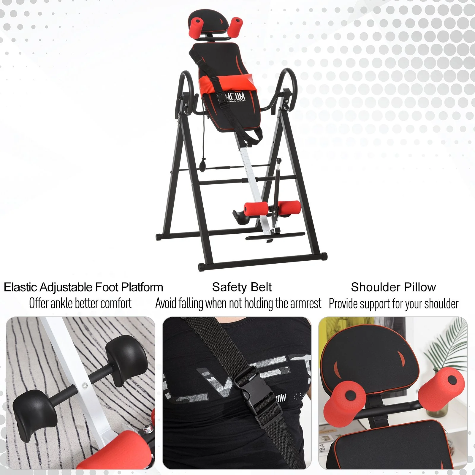 Steel Adjustable Gravity Inversion Table w/ Safety Belt Adjustable Hand Stand Home Back Stretcher Machine Red/Black - Image 7