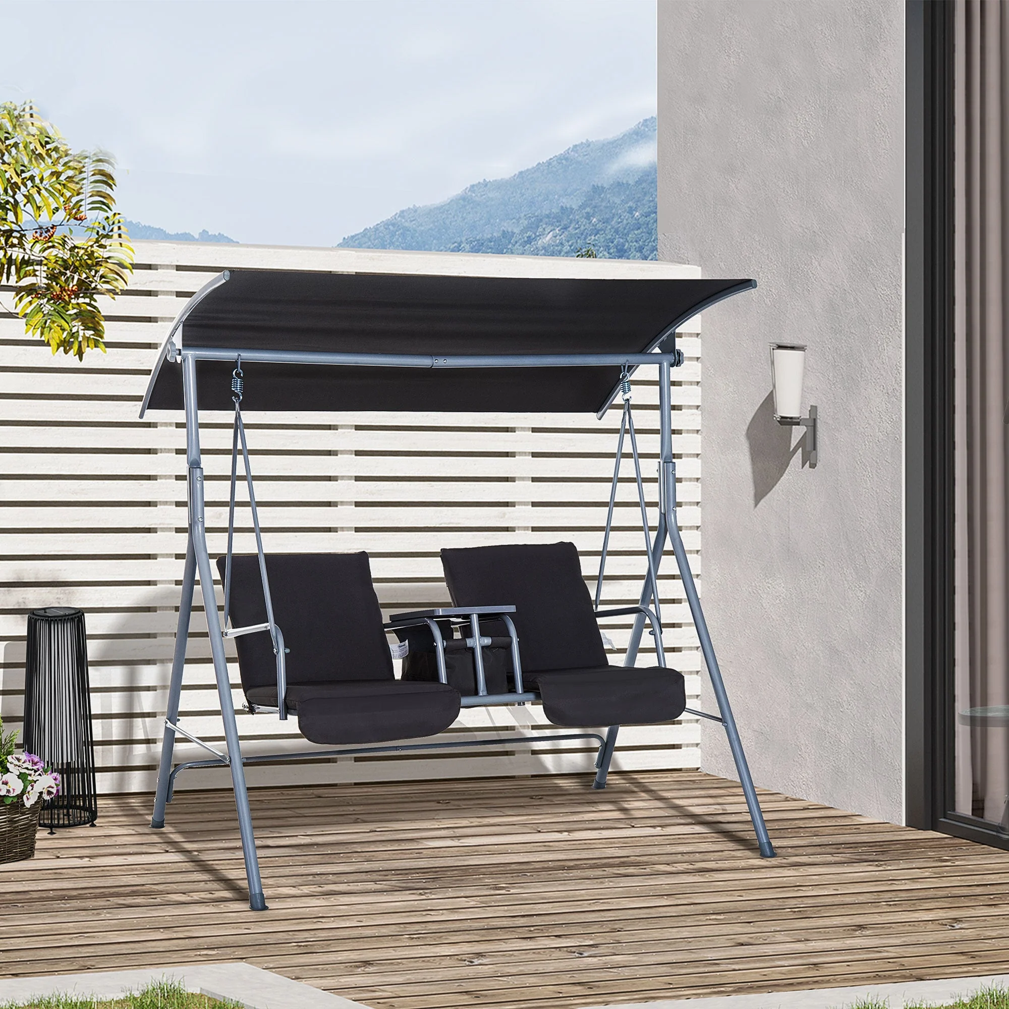 Steel Frame 2 Seater Swing Chair w/ Table Grey - Image 2